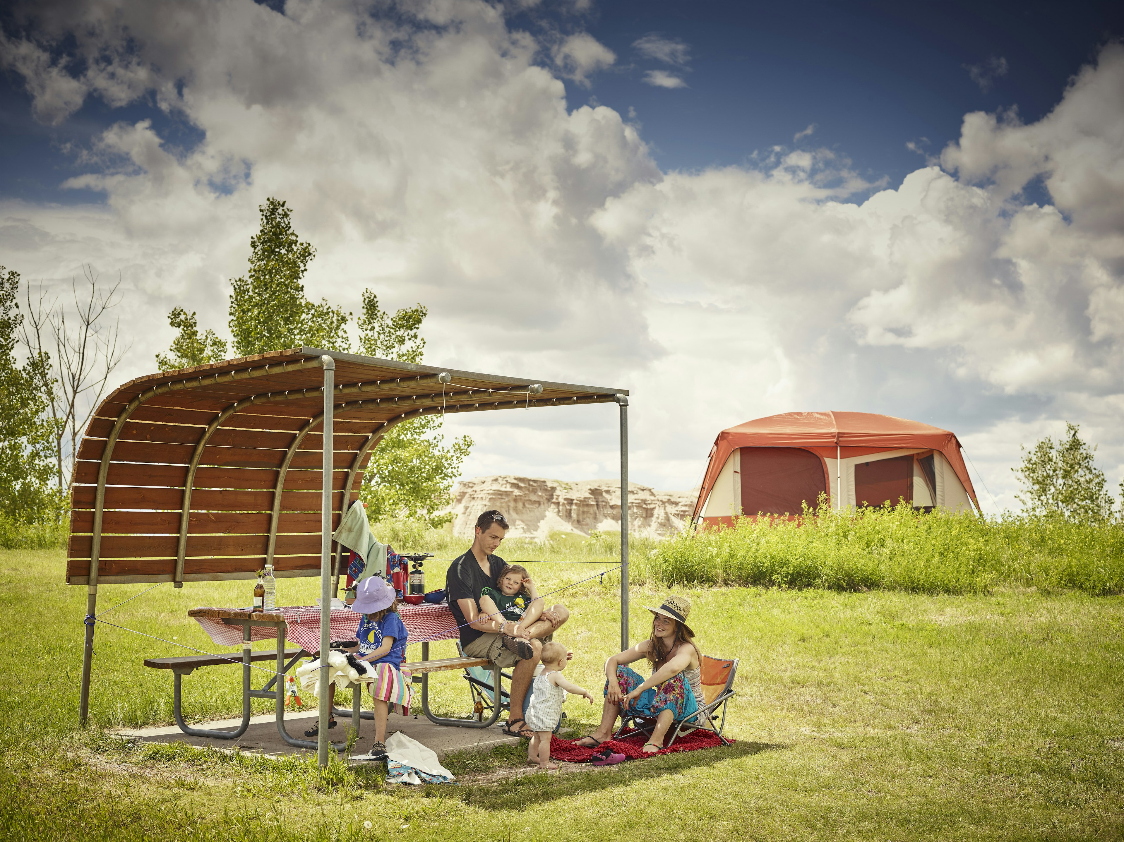 Family at Cedar Pass campsite in Badlands National Park.