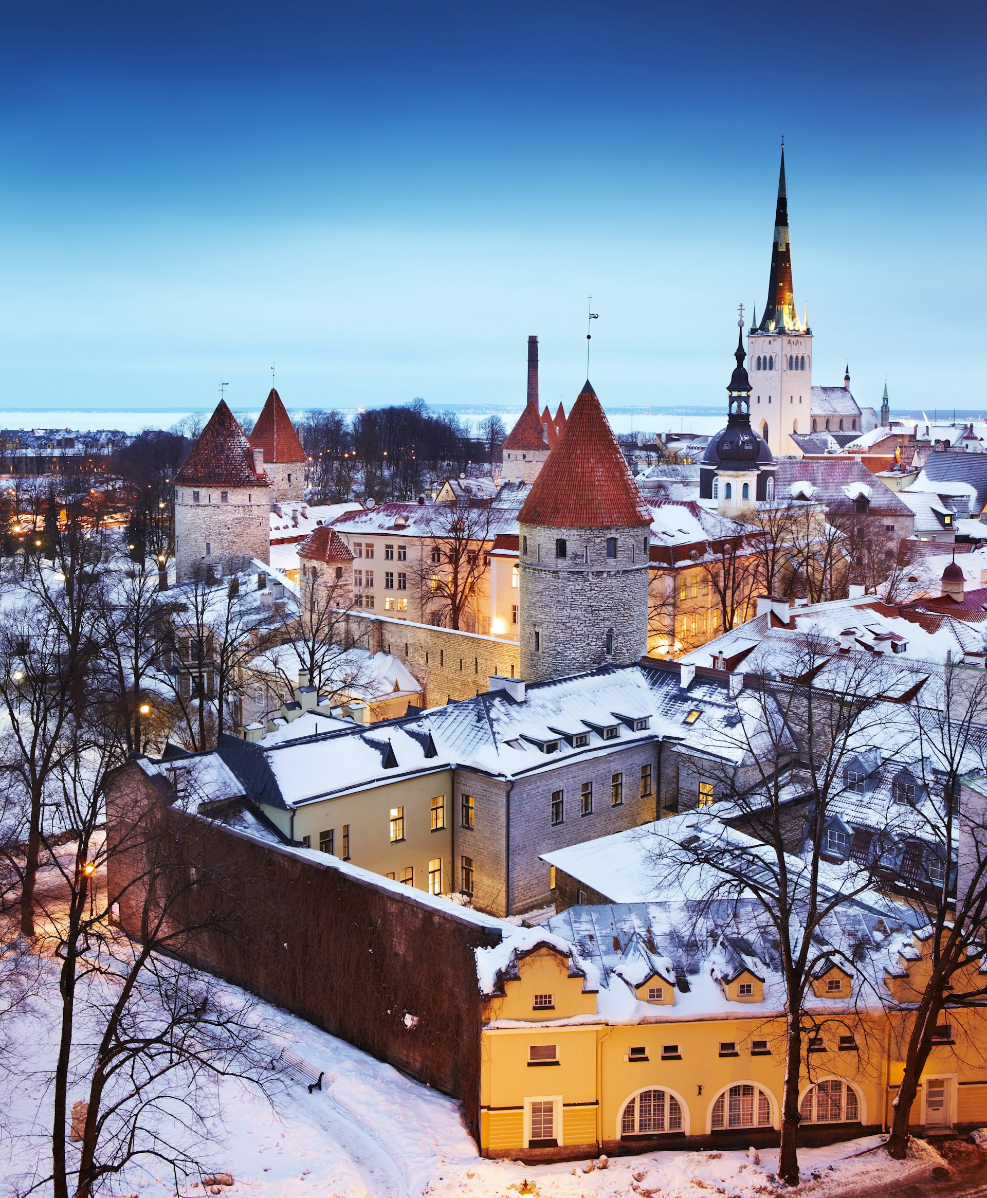 Snow dusting on rooftops of the Old Town in Tallinn. 