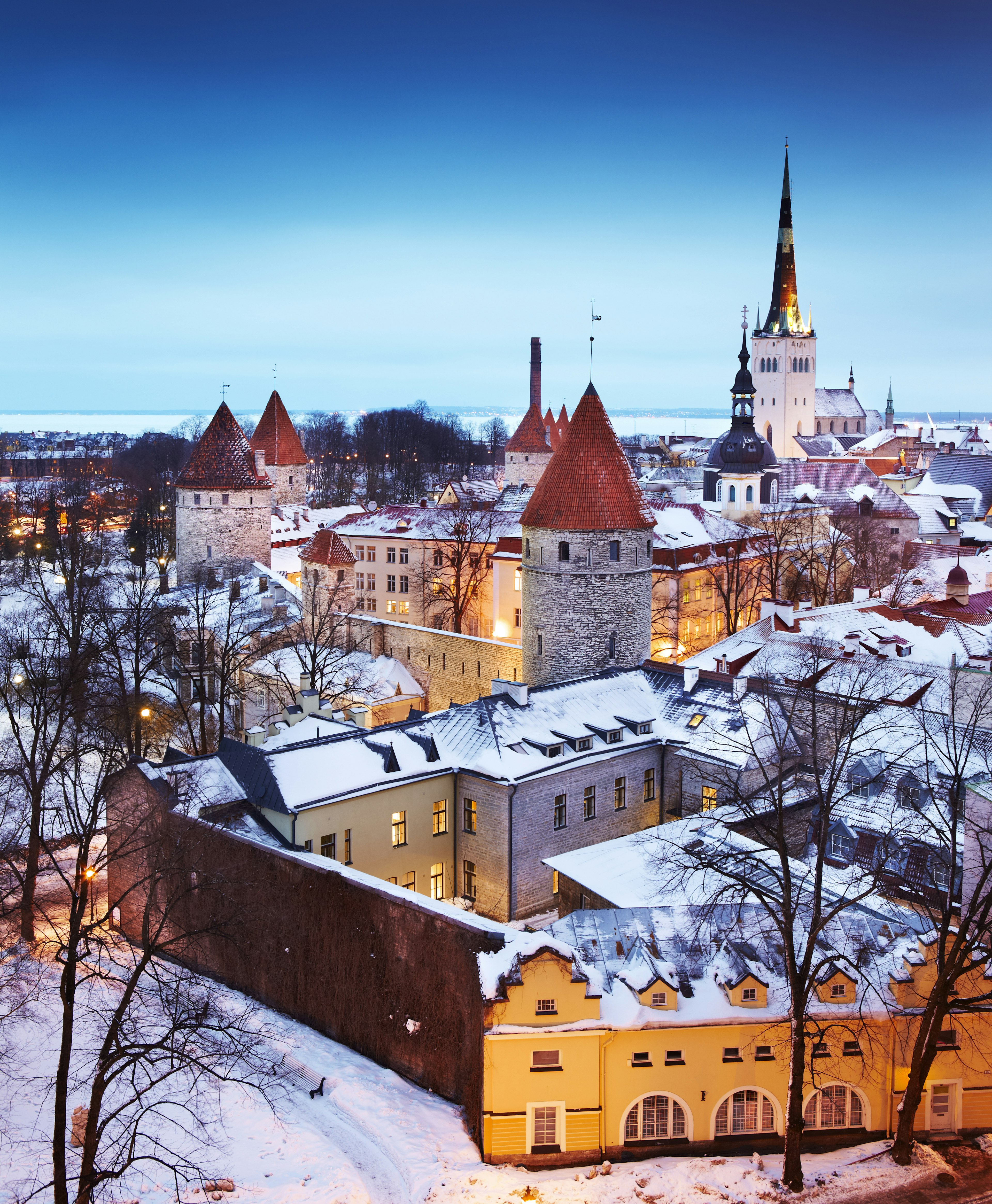 Snow dusting on rooftops of the Old Town in Tallinn.