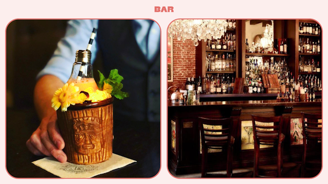 Cocktails and the ornate interior of a bar in Amsterdam