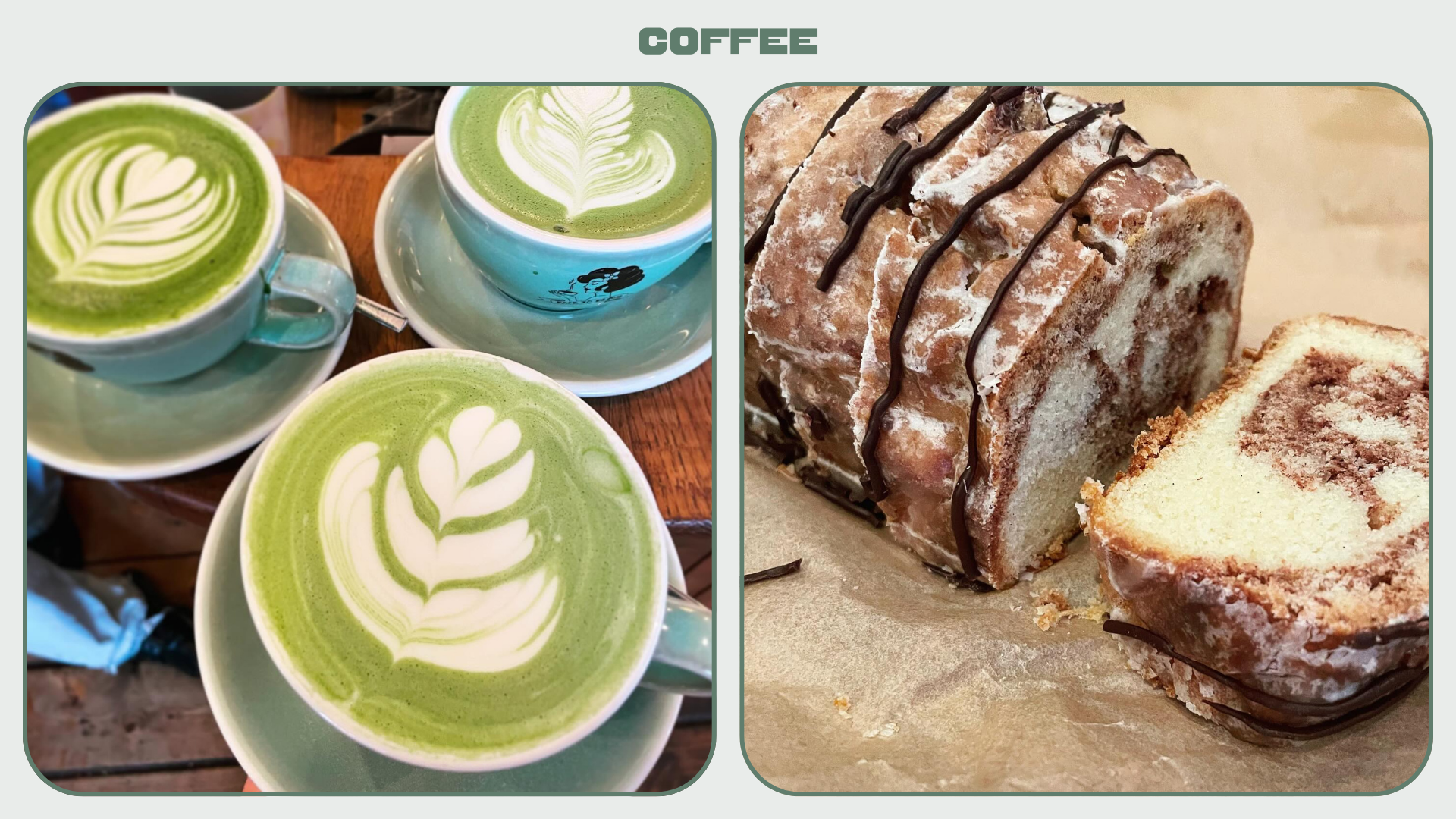 Matcha lattes and cakes from a coffee shop and bakery in Amsterdam