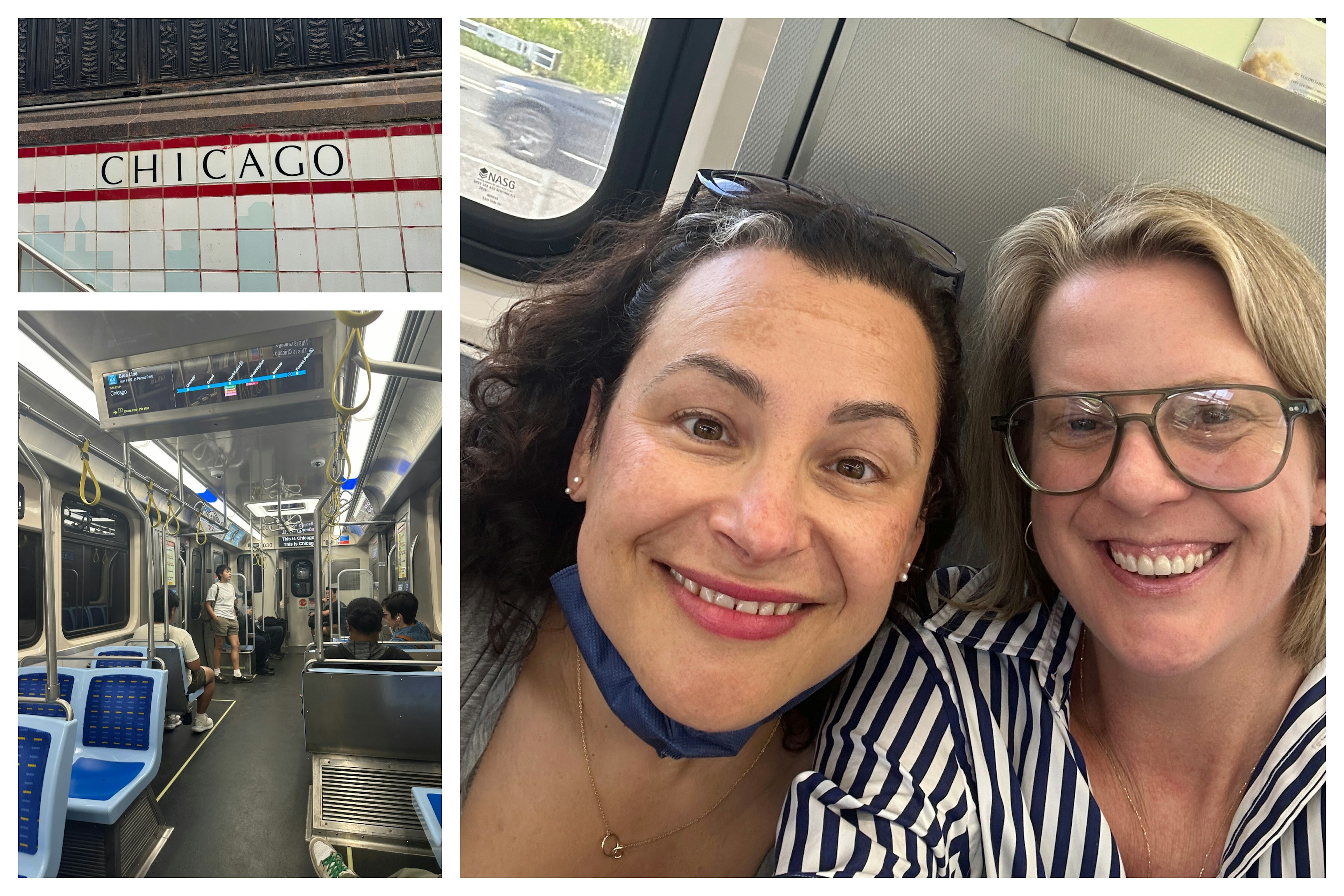 A collage showing an L Train carriage and two friends posing for a selfie on board