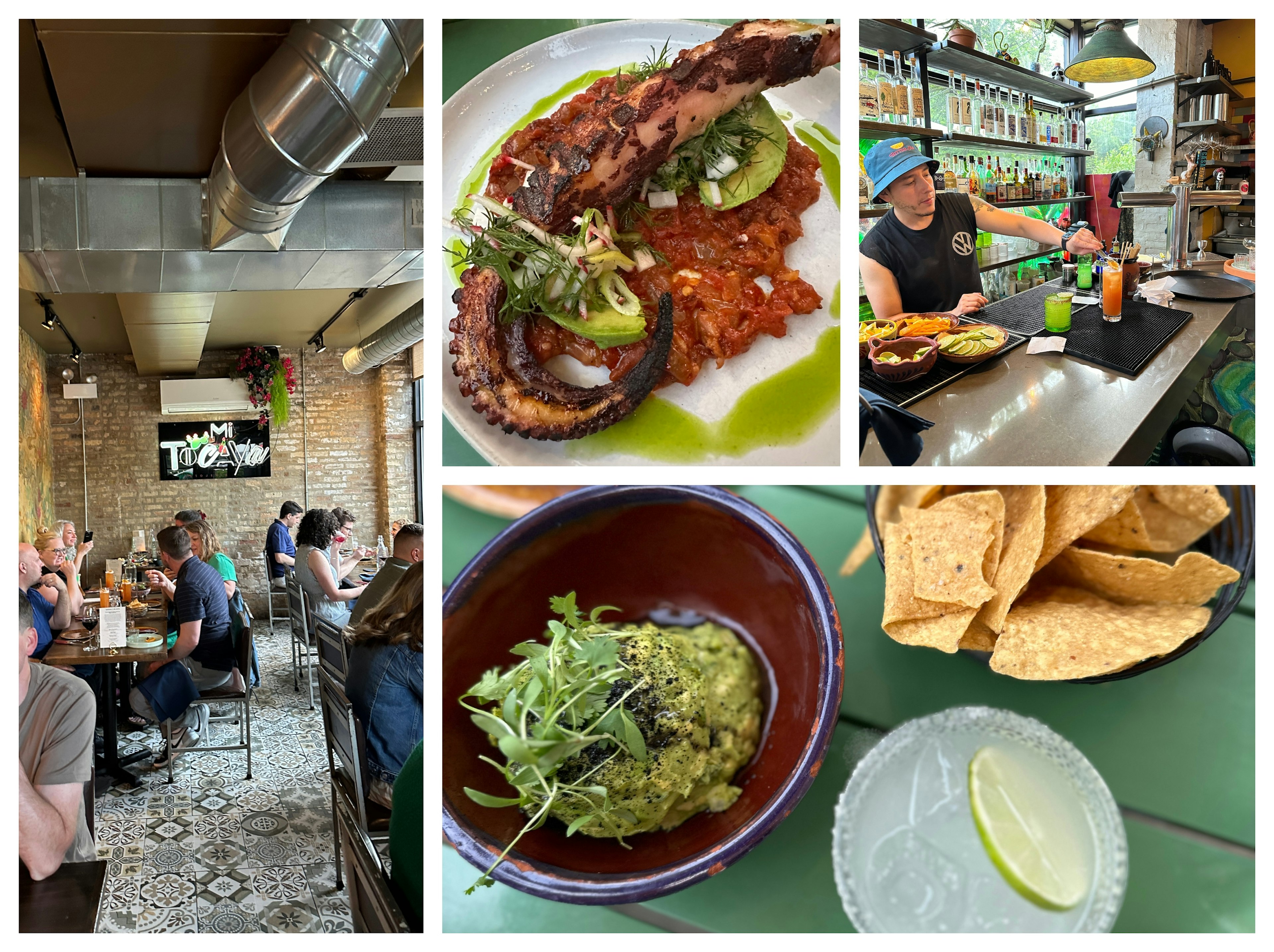 Collage of people in a restaurant and several dishes including sushi