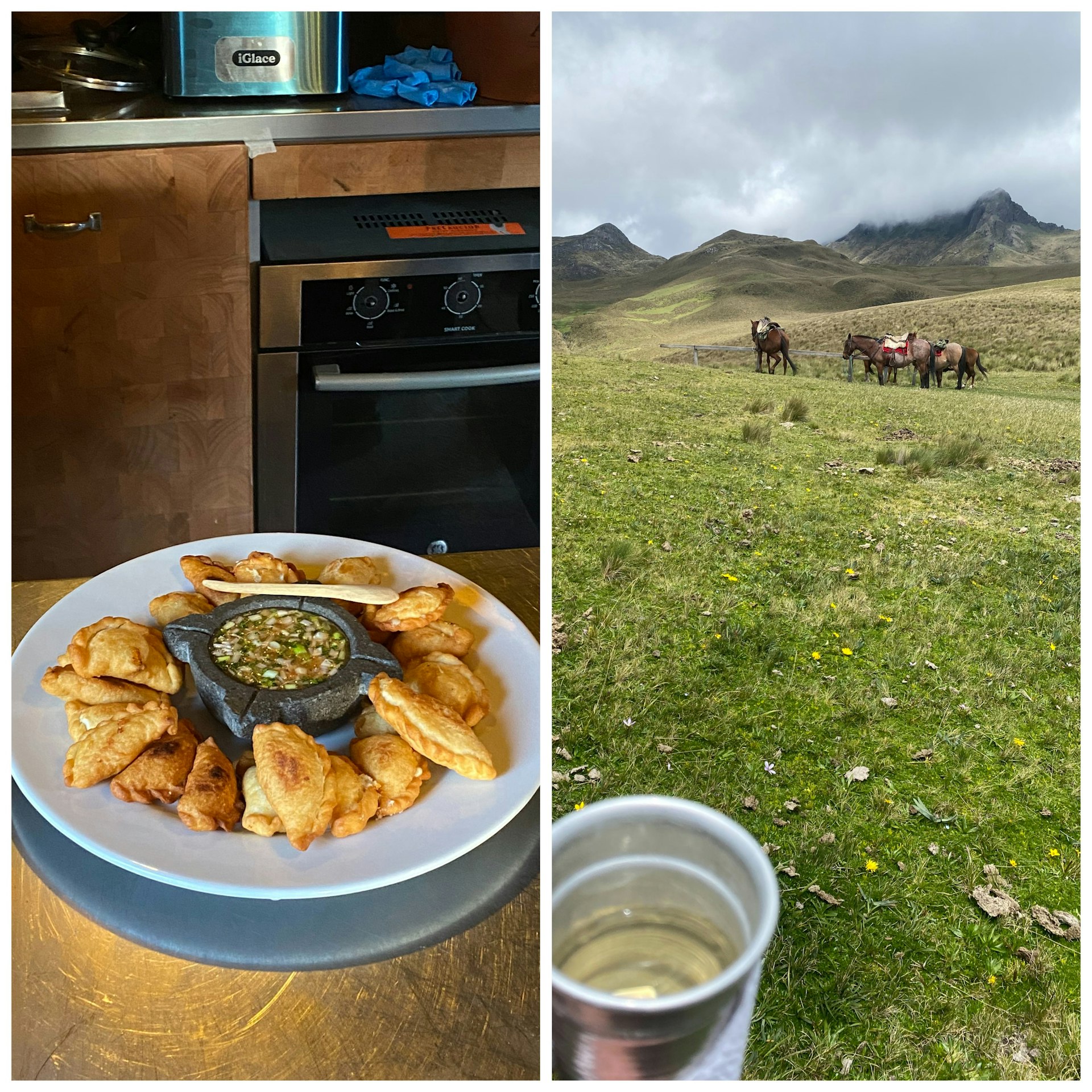 Left: a plate of homemade empanadas; right: a cup of tea drank on a horseback ride