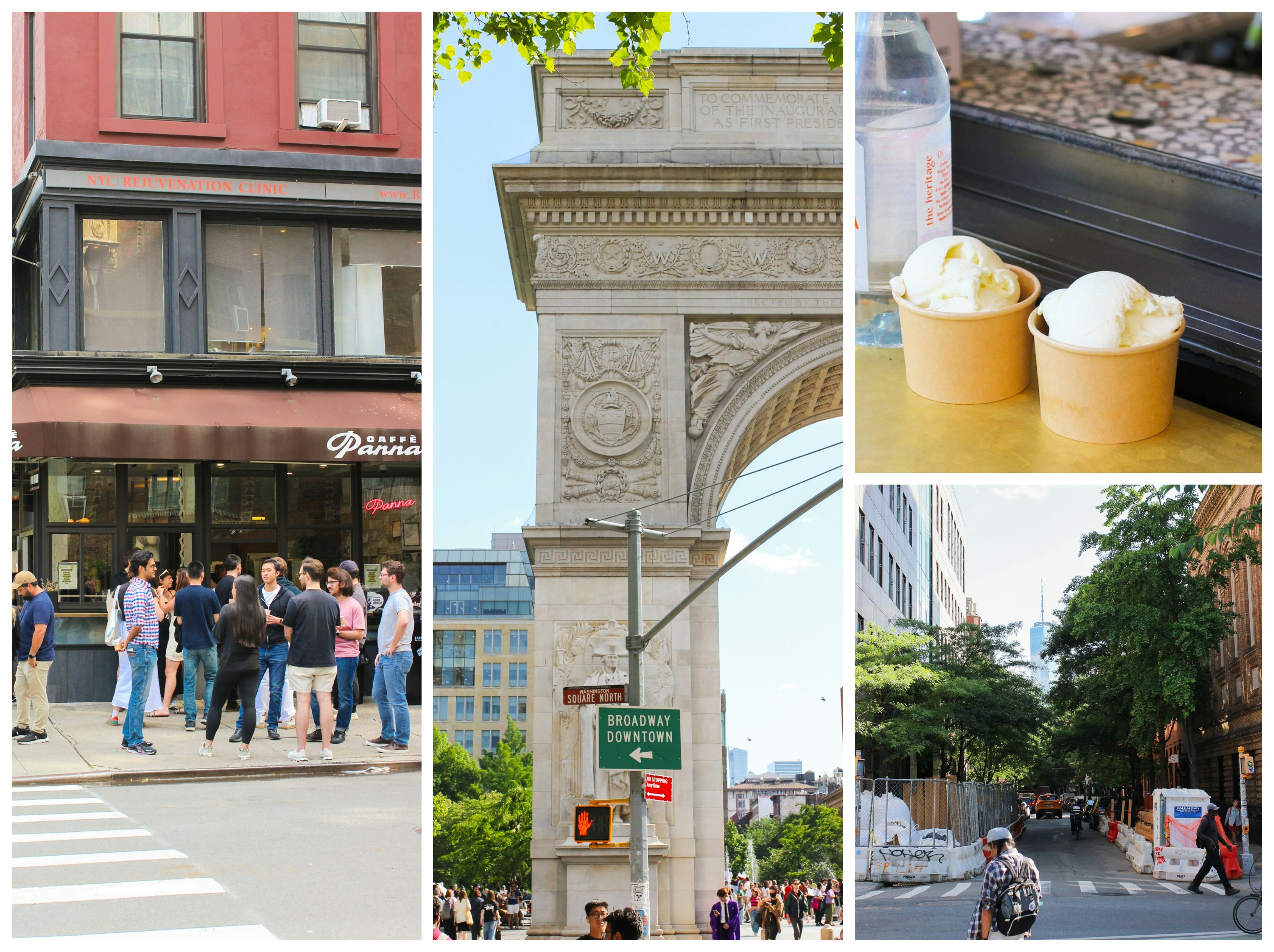 Collage; Left: Customers waiting for their ice cream outside Caffe Panna, Middle: The Washington Square Park arch, Top right: Two ice creams from Caffe Panna, Bottom right: A view of One World Trade from Washington Square Park 