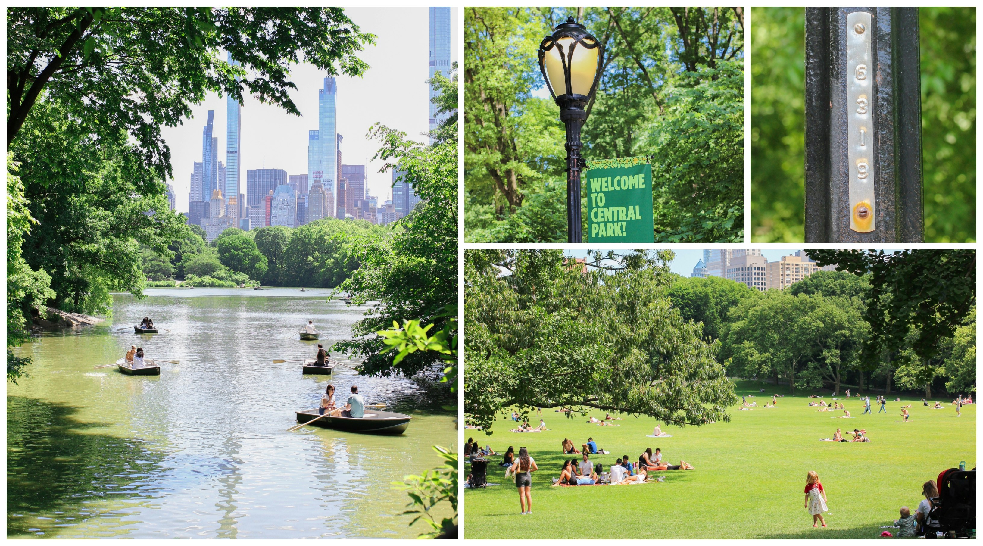 Left: Rowboats on The Lake in Central Park, Top middle: a welcome sign in Central Park Top, right: a number lamp post in Central Park, Bottom right: landscape of Sheep Meadow 