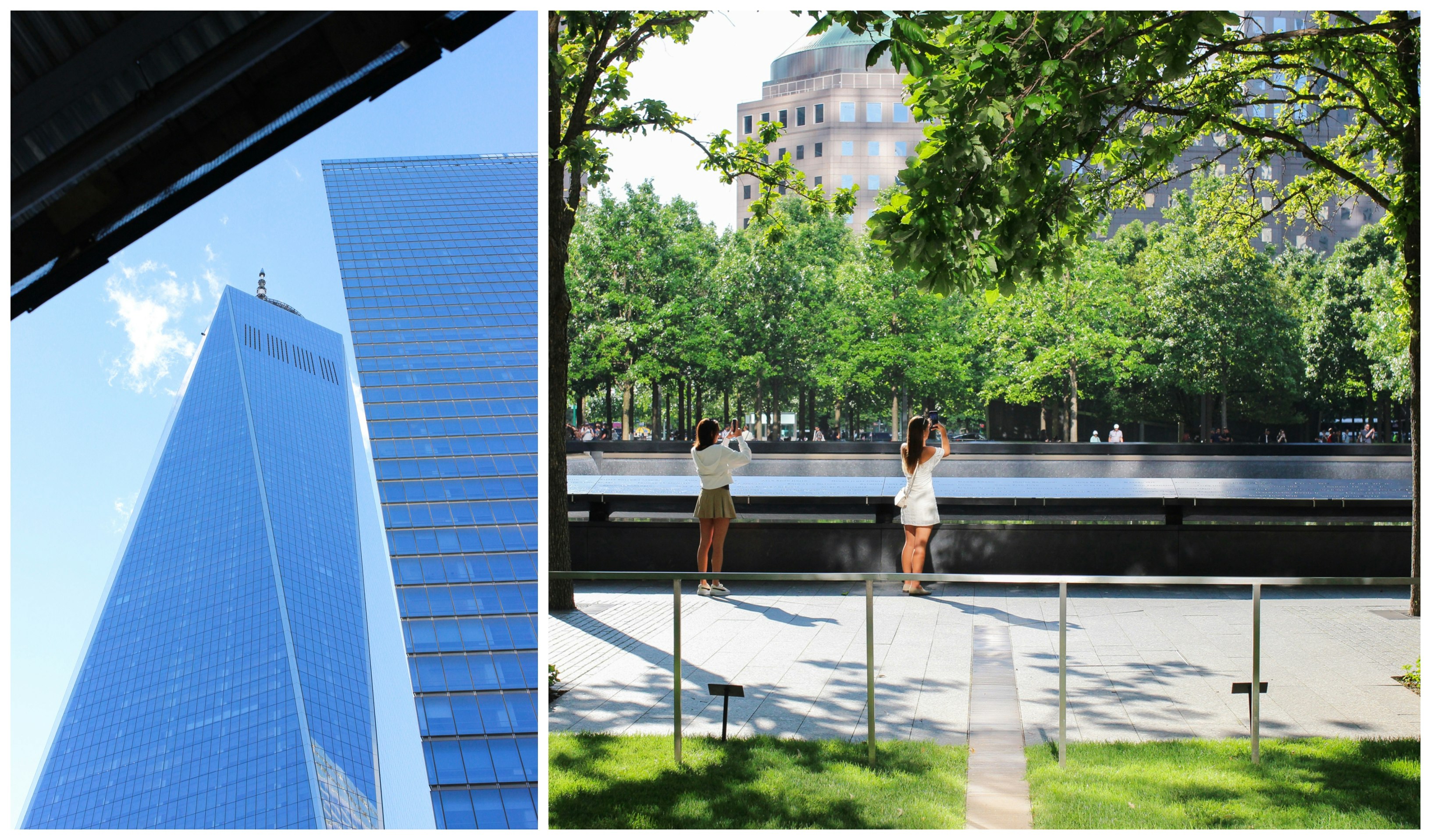 Collage; Left: One World Trade, Right: The September 11 Memorial reflecting pools 