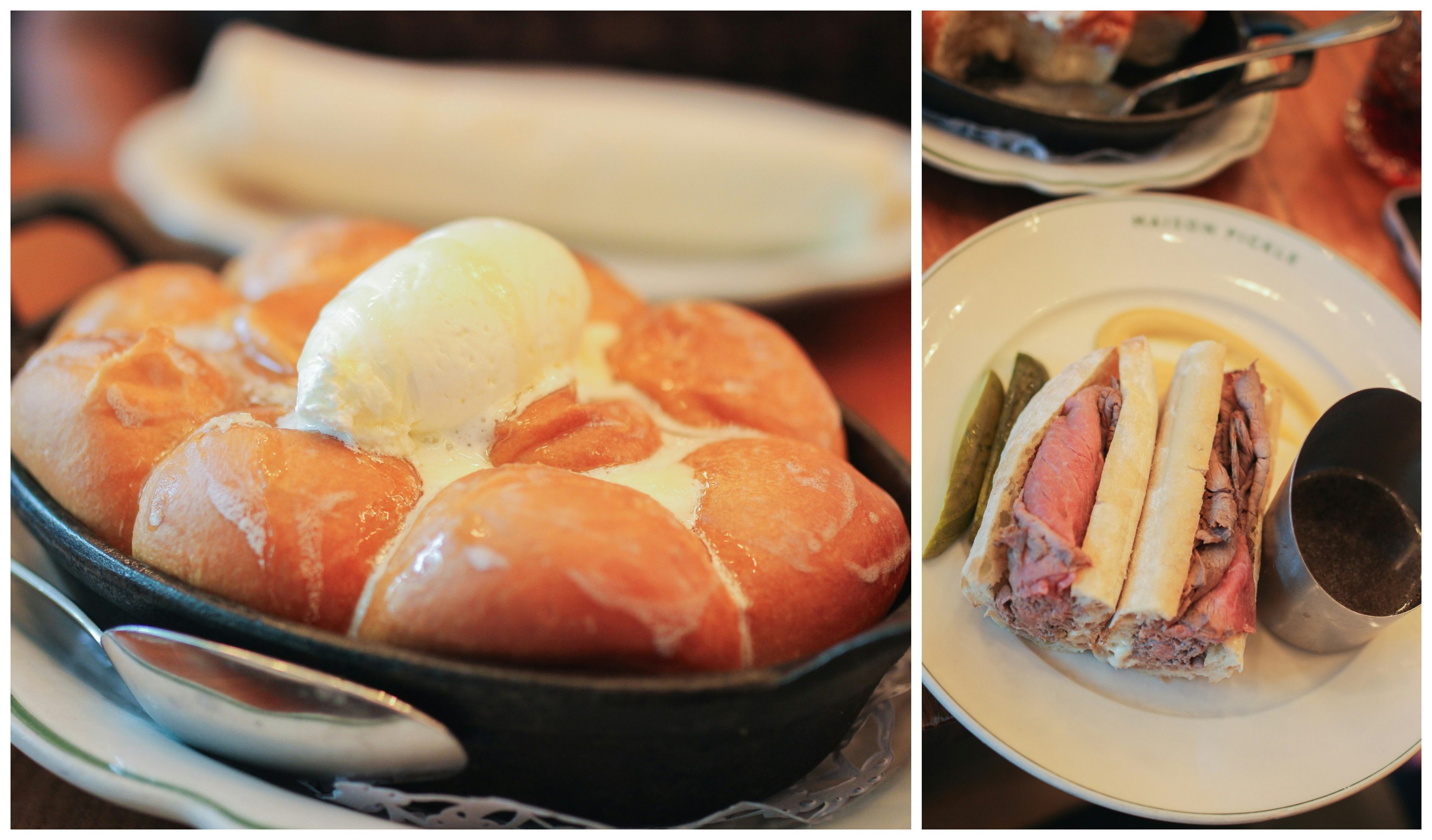 Collage; Left: fresh honey butter rolls at Maison Pickle; Right: a French dip sandwich at Maison Pickle 