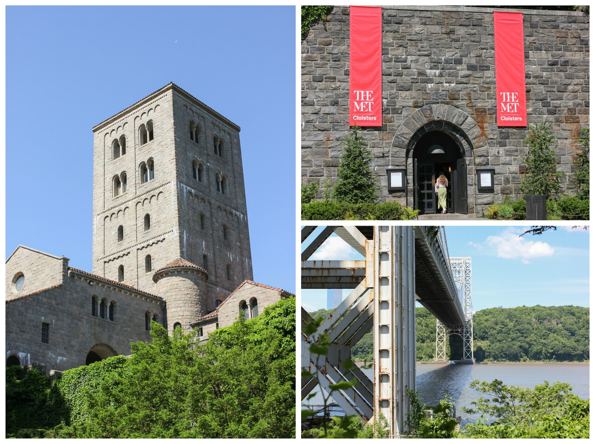 Collage; Left: A tower of the Met Cloisters, Top right: the entrance to the Met Cloisters, Bottom right: The George Washington Bridge over the Hudson River 