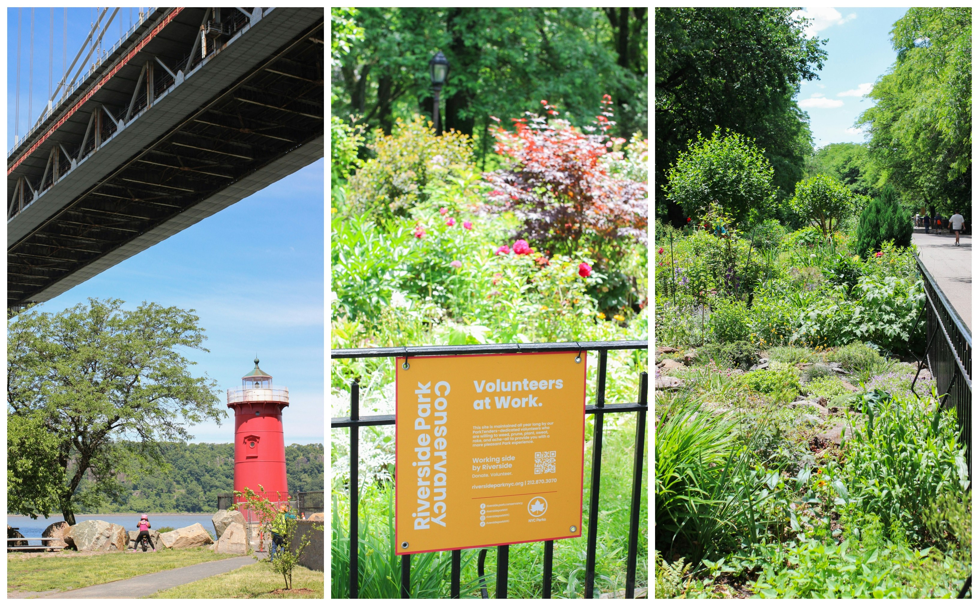 Collage; Left: The Little Red Lighthouse in Riverside Park, Middle: Riverside Park 91st St Garden, Right: Riverside Park 91st St Garden 
