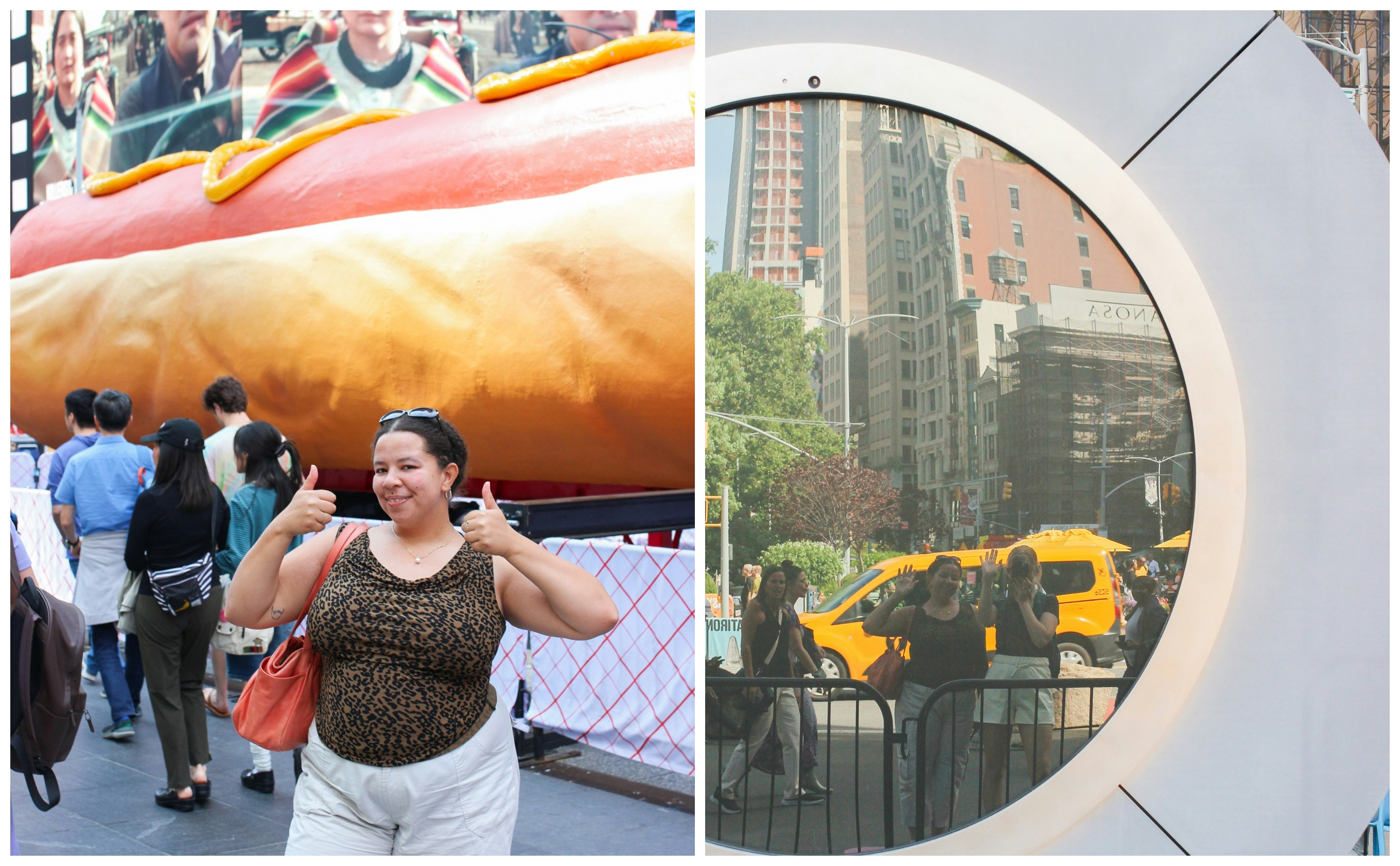 Collage; Left: Chamidae in front of the giant hotdog in Times Square; Right: Chamidae and Ann Douglas wave to The Portal, which is out of service 