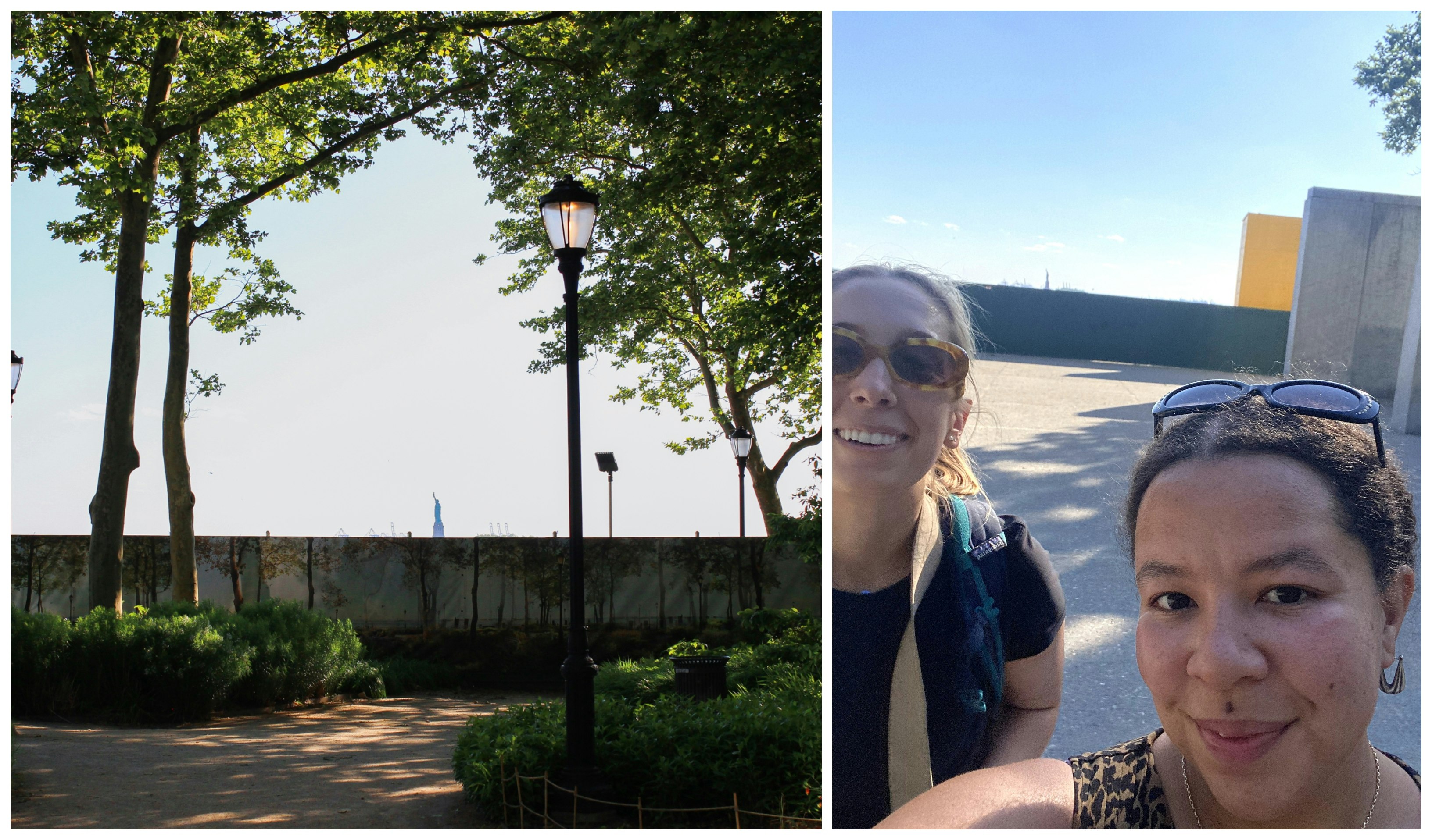 Collage; Left: Statue of Liberty from Battery Park, Right: Ann Douglas and Chamidae take a selfie at Battery Park 