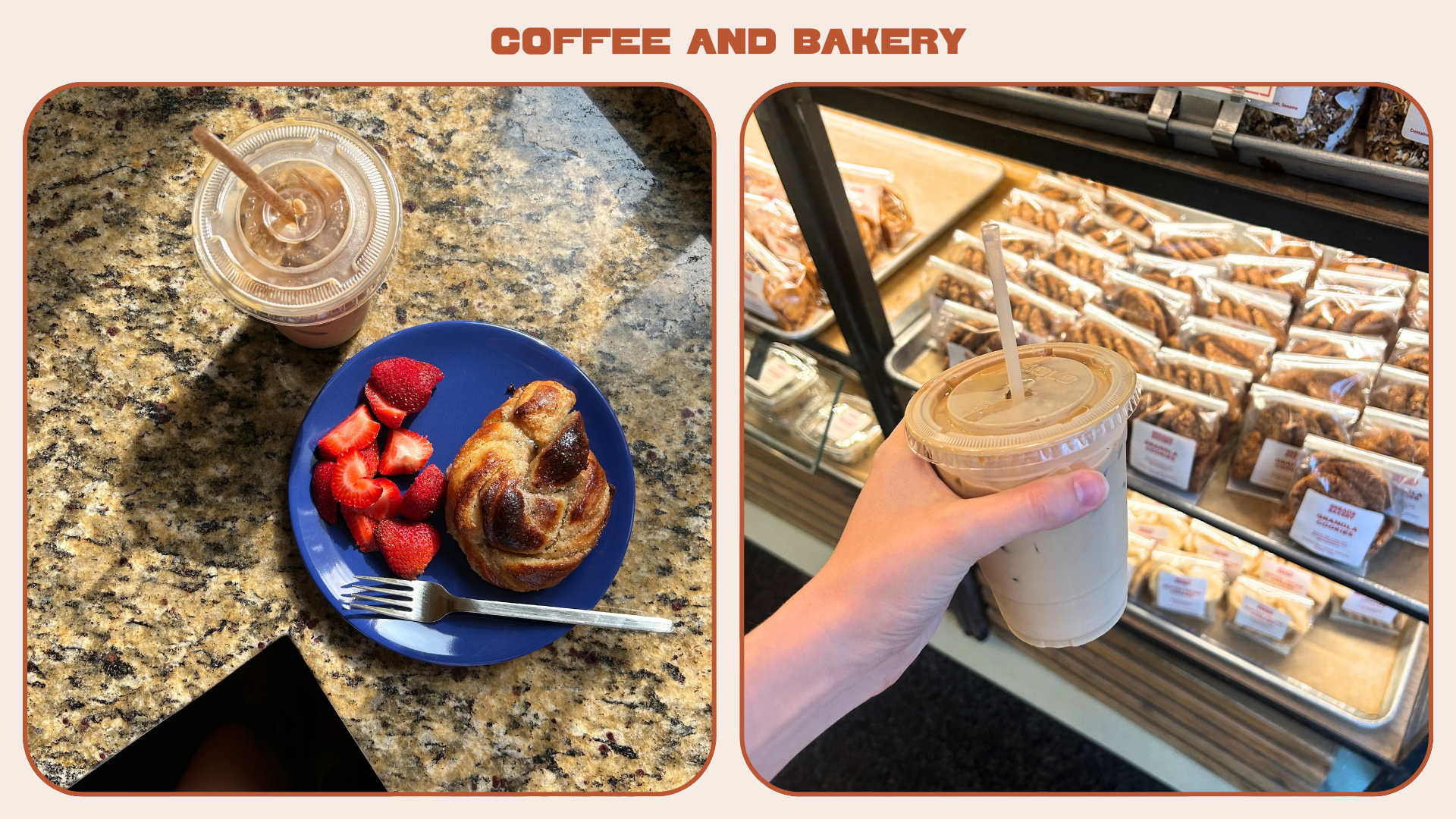 L: iced latte and cardamom bun from Smør (Smor) Bakery; R: iced latte and baked goods from Breads Bakery