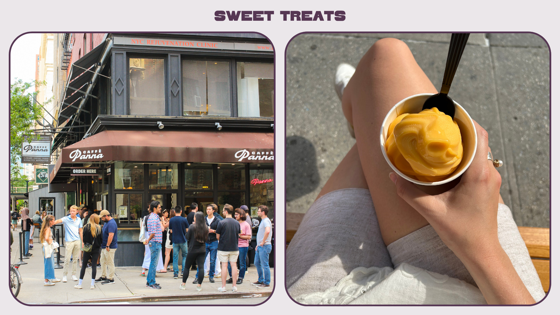 L: Exterior of Caffe Panna; R: mango frozen yogurt from Butterfield Market 