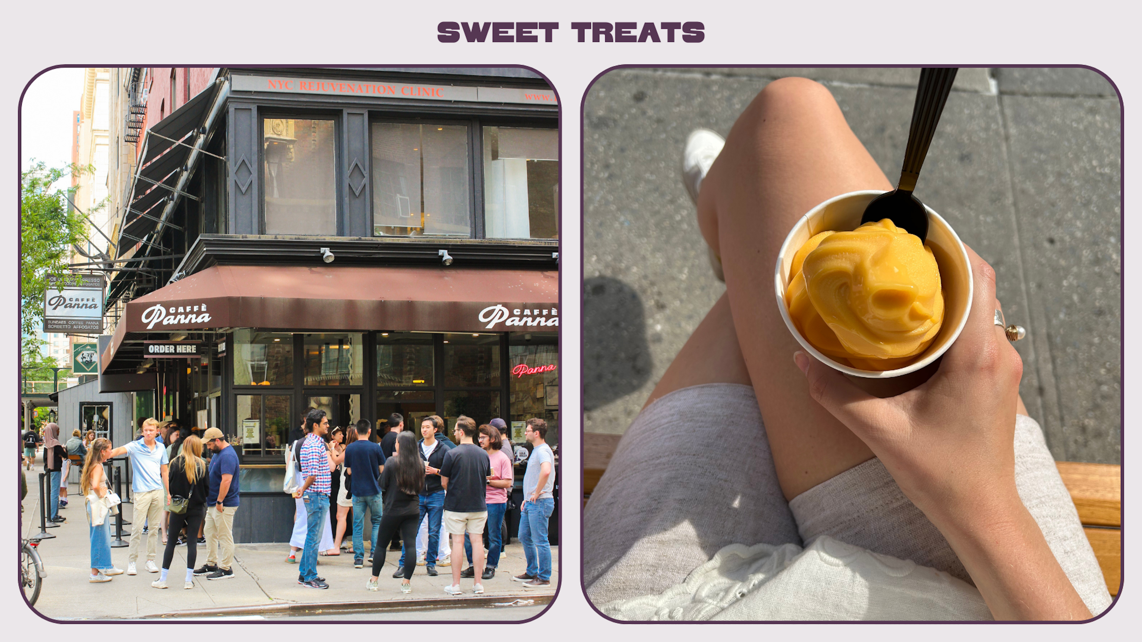 L: Exterior of Caffe Panna; R: mango frozen yogurt from Butterfield Market