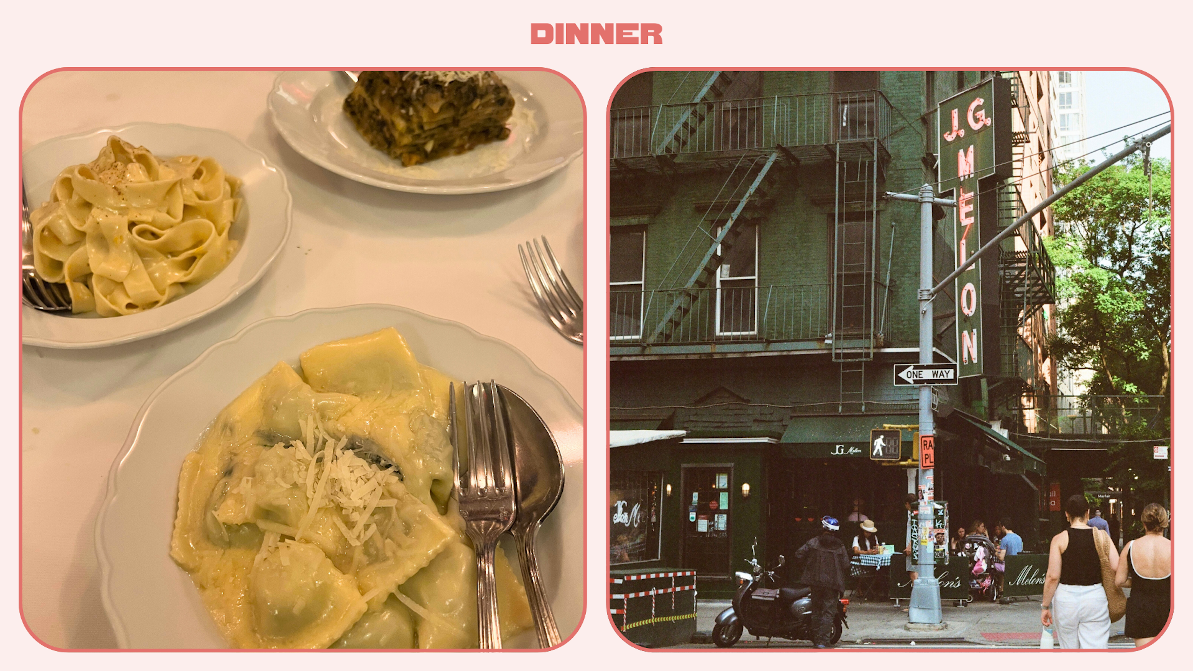 Left: pasta from I Sodi; Right: exterior shot of JG Melon