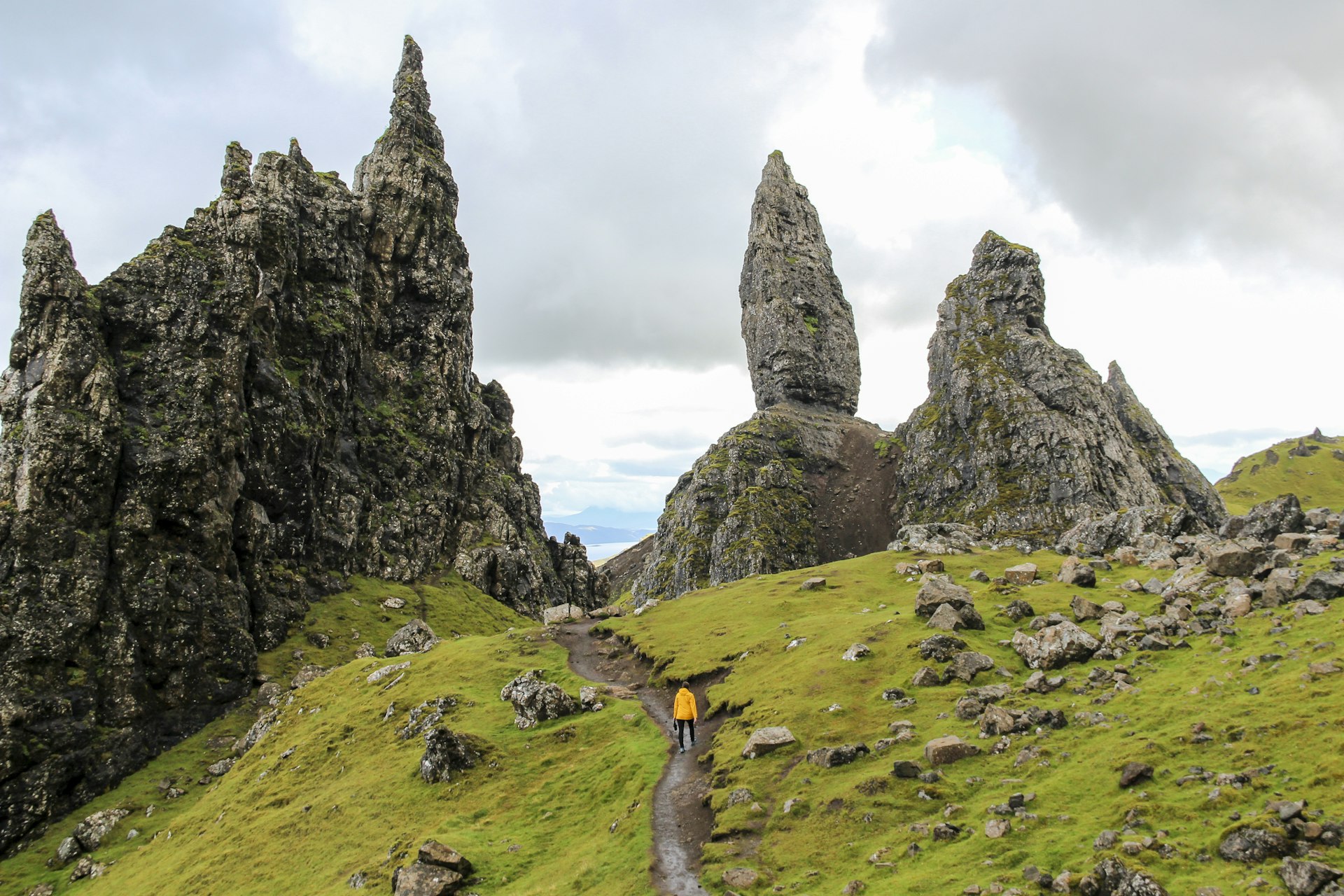 Girl in yellow raincoat hiking on a trail towards The Old Man of Storr during changeable weather,.