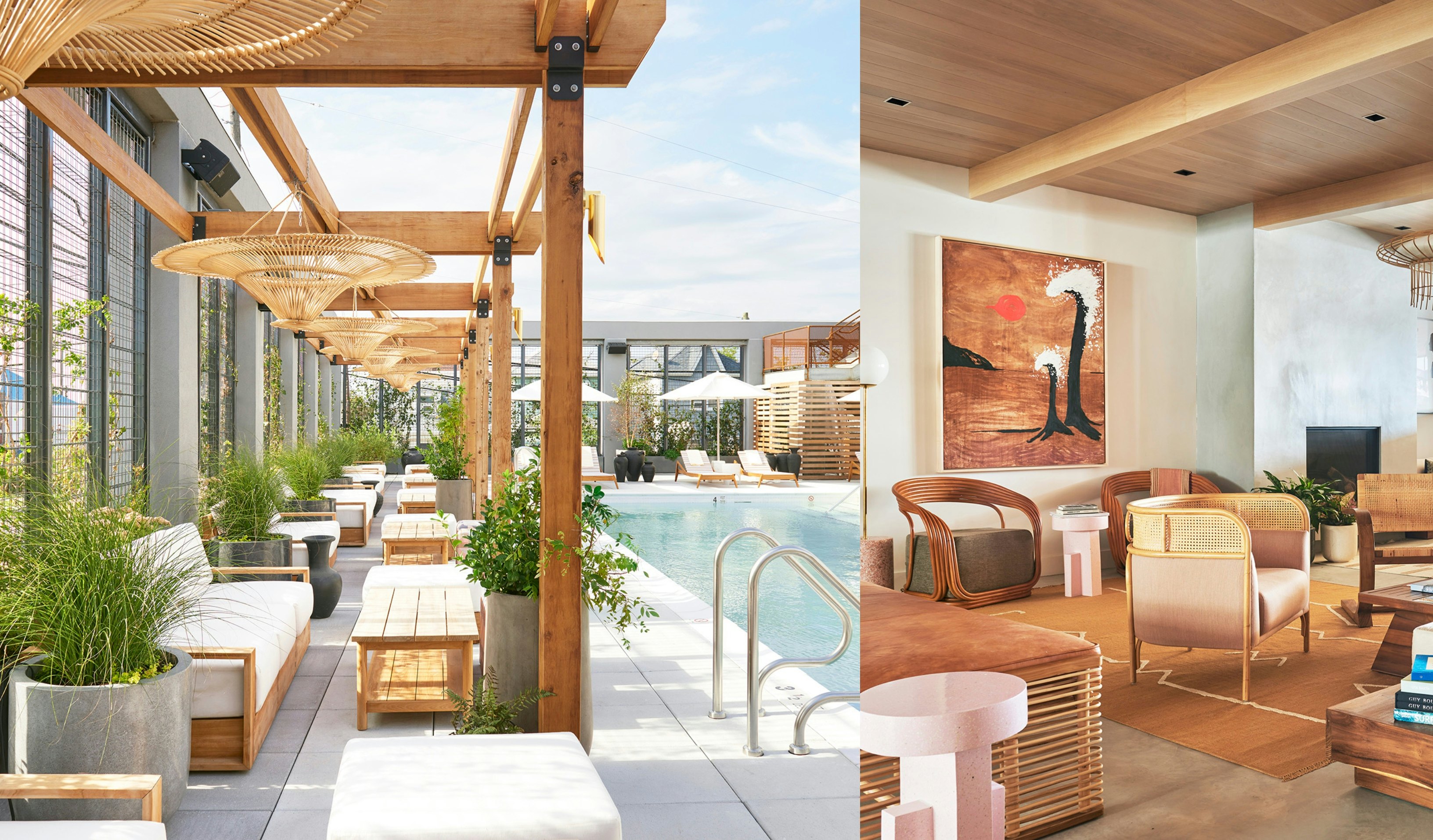 Left: a poolside deck with sofas; right: a hotel lounge area