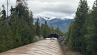 View over the top of Rocky Mountaineer train in the Canadian Rockies.