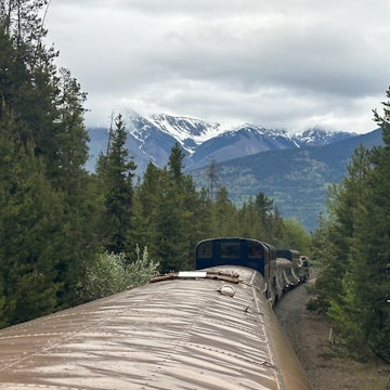 View over the top of Rocky Mountaineer train in the Canadian Rockies.