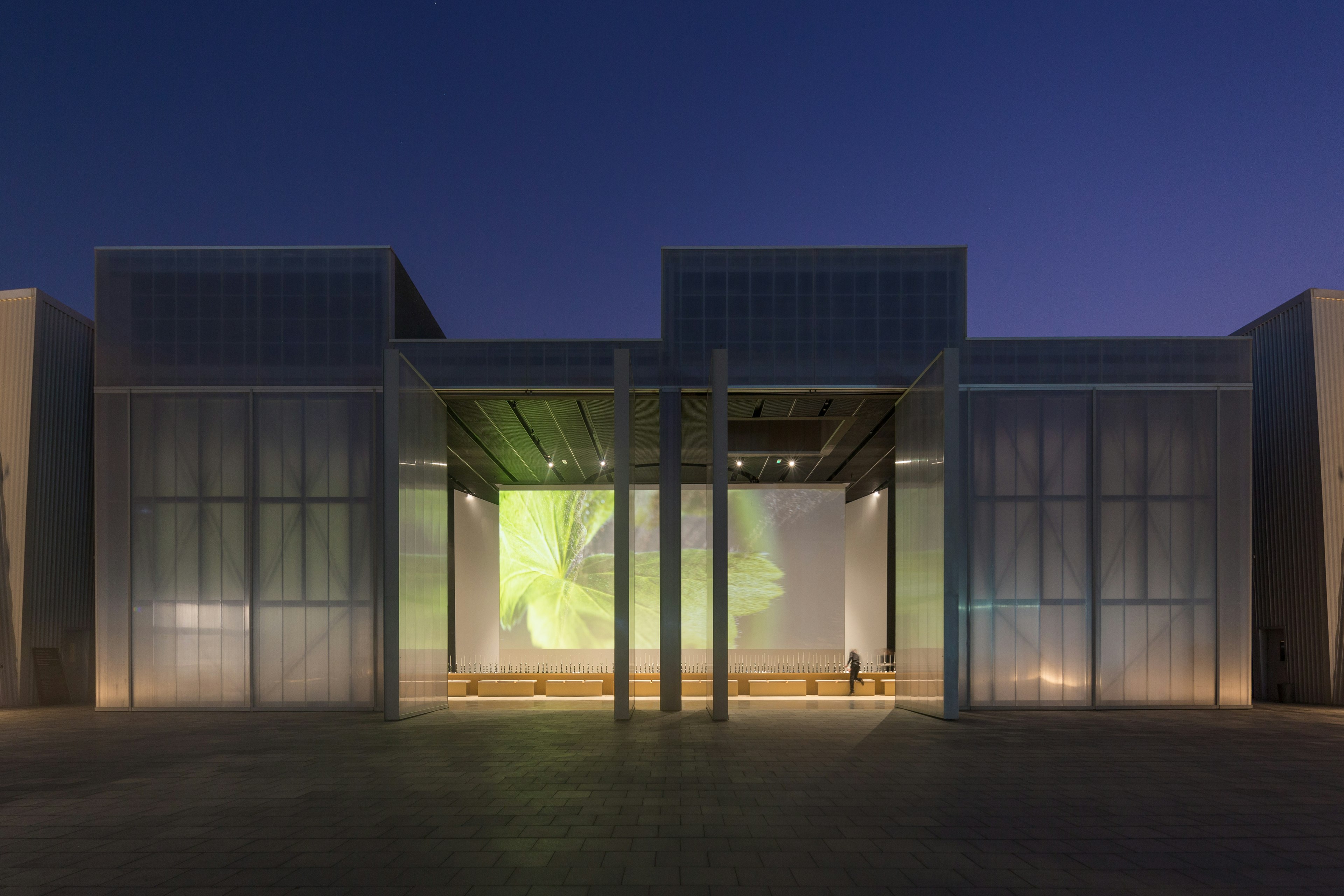 View of Concrete from the Yard, at Alserkal Avenue at blue hour