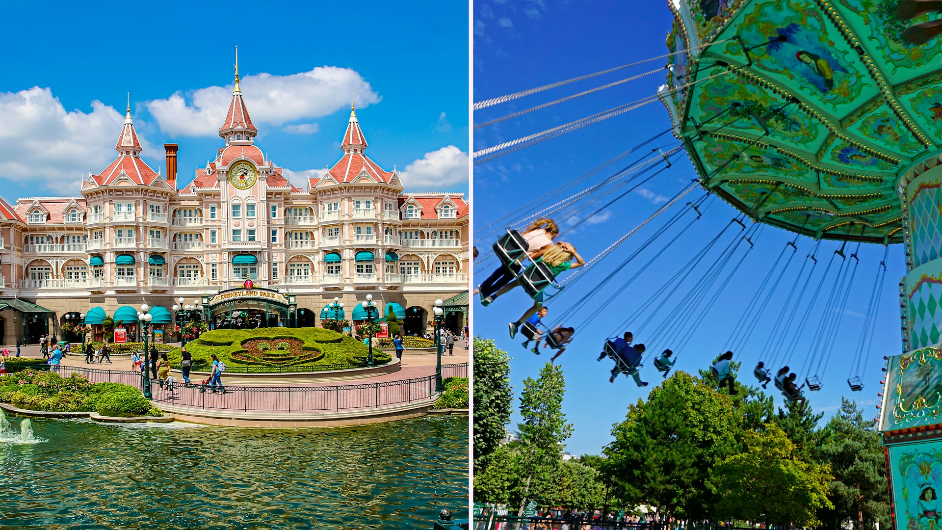 Left: a large pastel pink turreted building with a sign saying "Disneyland Park"; Right: people sore through the sky on a swing carousel ride