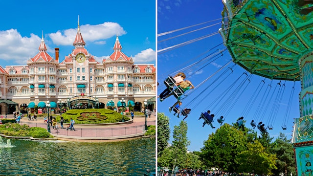 Left: a large pastel pink turreted building with a sign saying