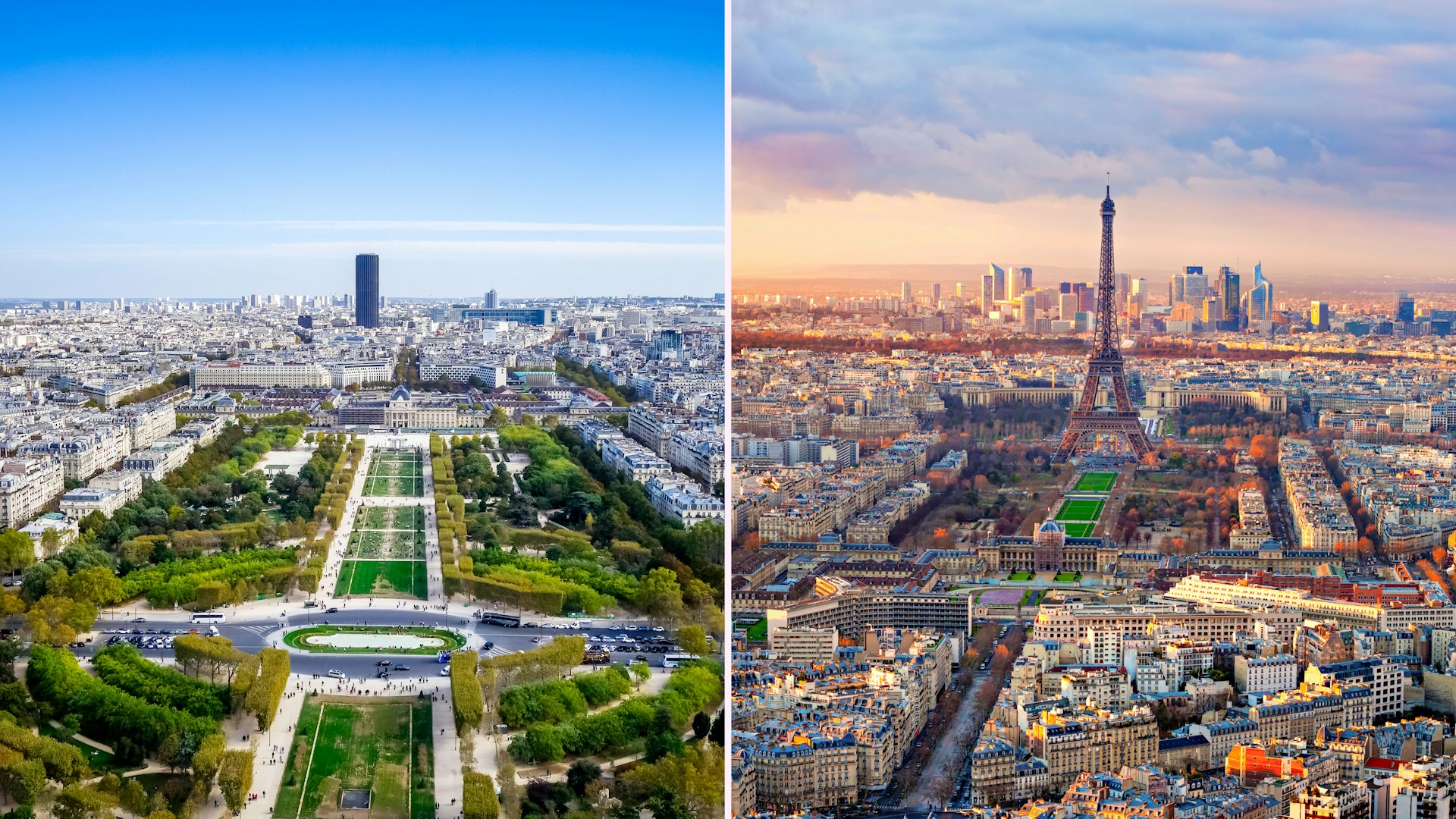 Left: view from the Eiffel Tower of green gardens and the city beyond; Right: view of the Eiffel Tower and city beyond at sunset