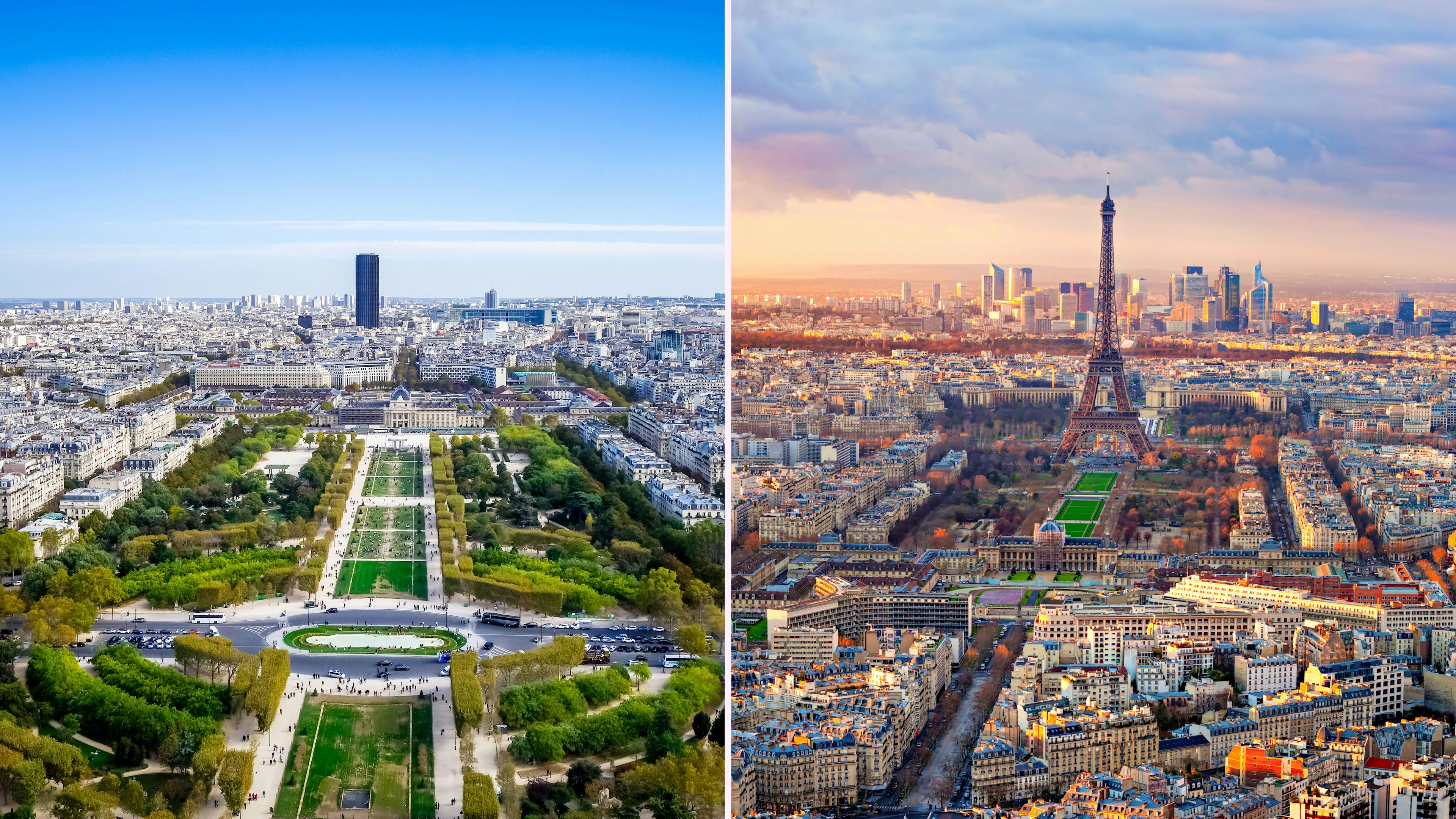 Left: view from the Eiffel Tower of green gardens and the city beyond; Right: view of the Eiffel Tower and city beyond at sunset