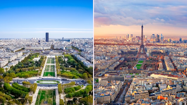 Left: view from the Eiffel Tower of green gardens and the city beyond; Right: view of the Eiffel Tower and city beyond at sunset