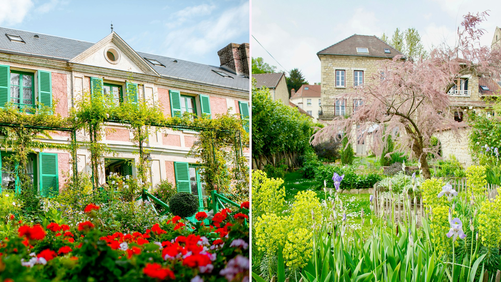 Left: a pastel pink house with green shutters and a garden in bloom; Right: a stone house in a green garden with purple flowers