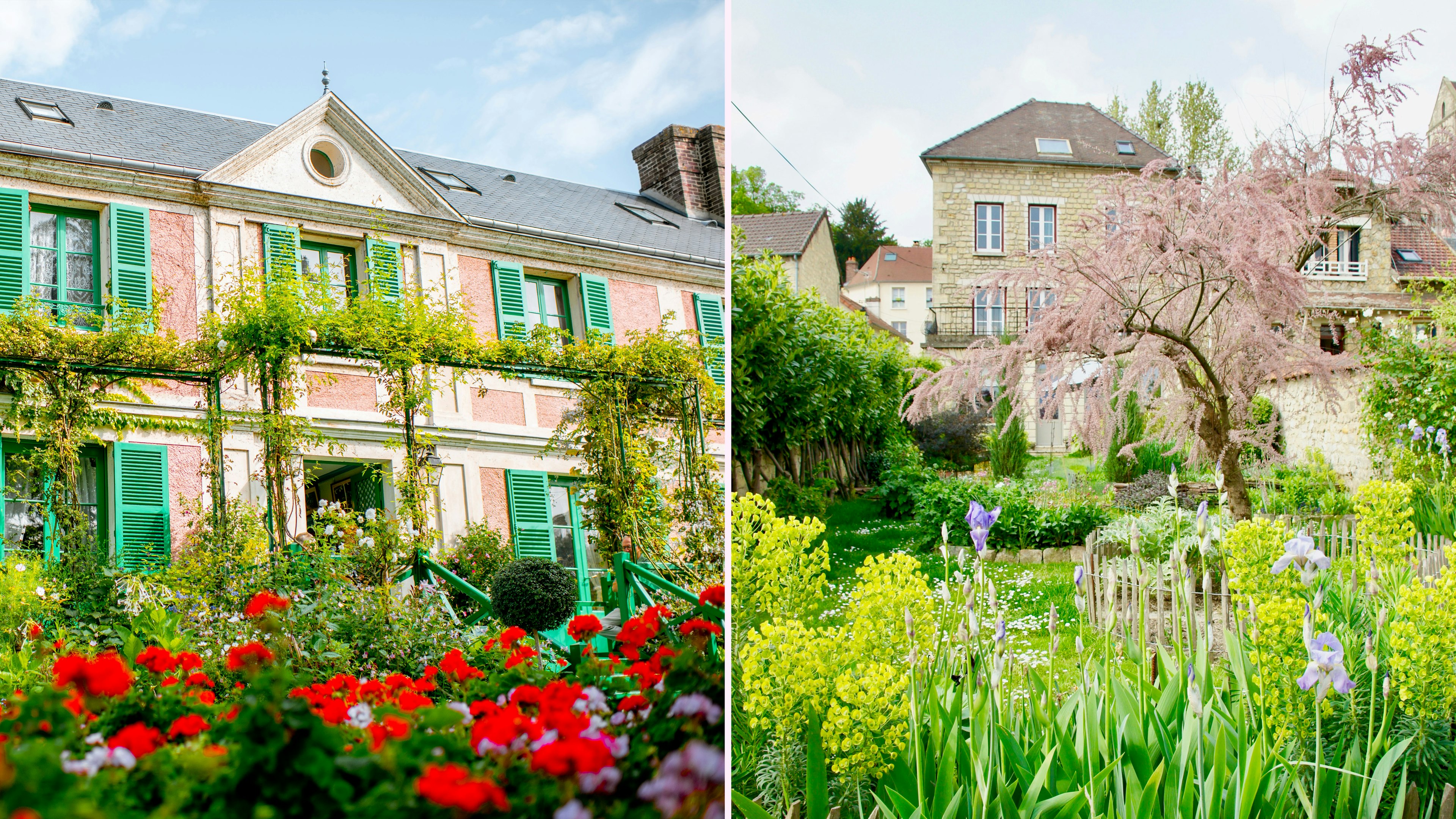 Left: a pastel pink house with green shutters and a garden in bloom; Right: a stone house in a green garden with purple flowers