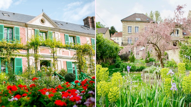 Left: a pastel pink house with green shutters and a garden in bloom; Right: a stone house in a green garden with purple flowers