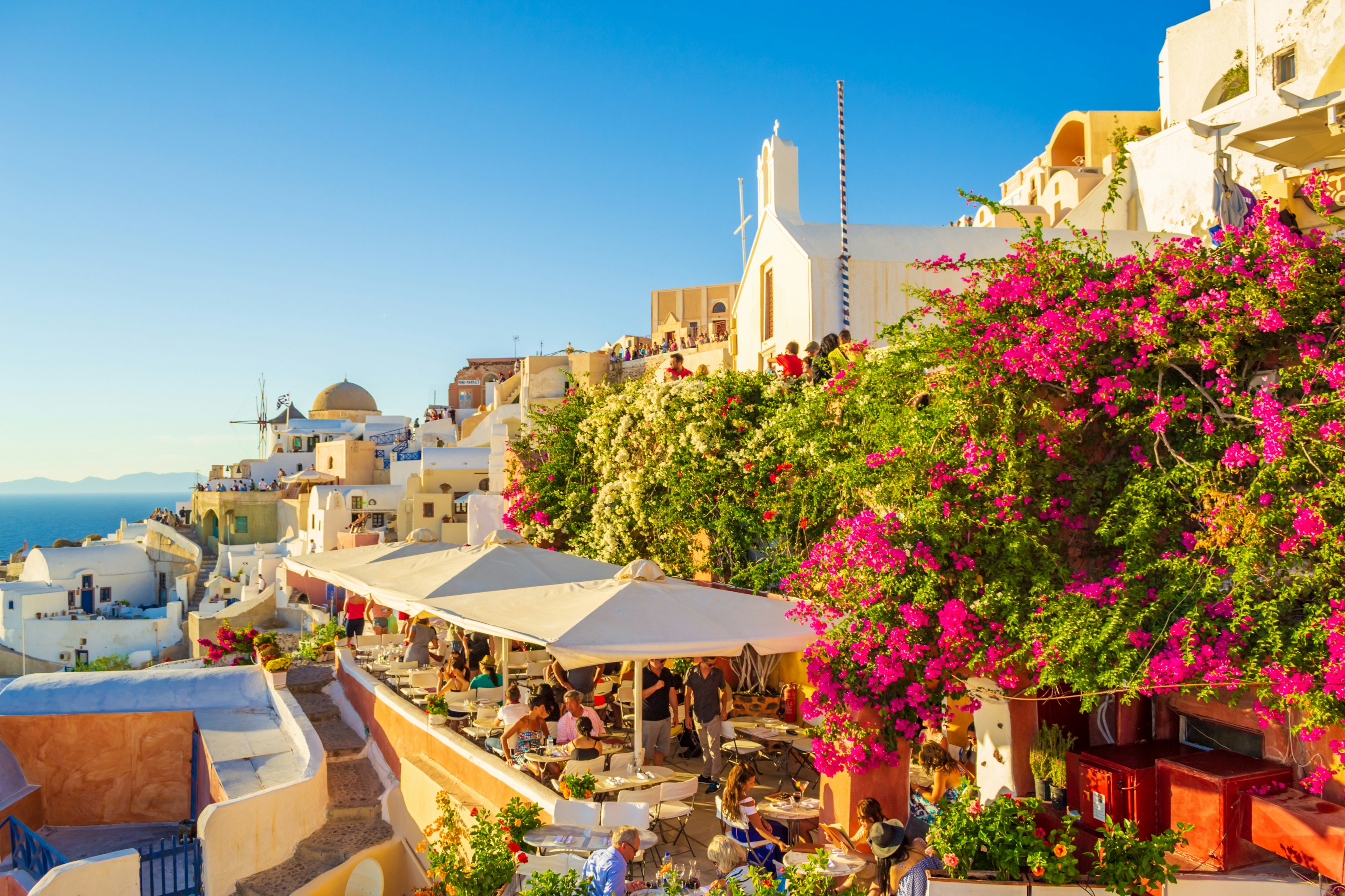 Terrace with view and amazing panorama from roof in Oia