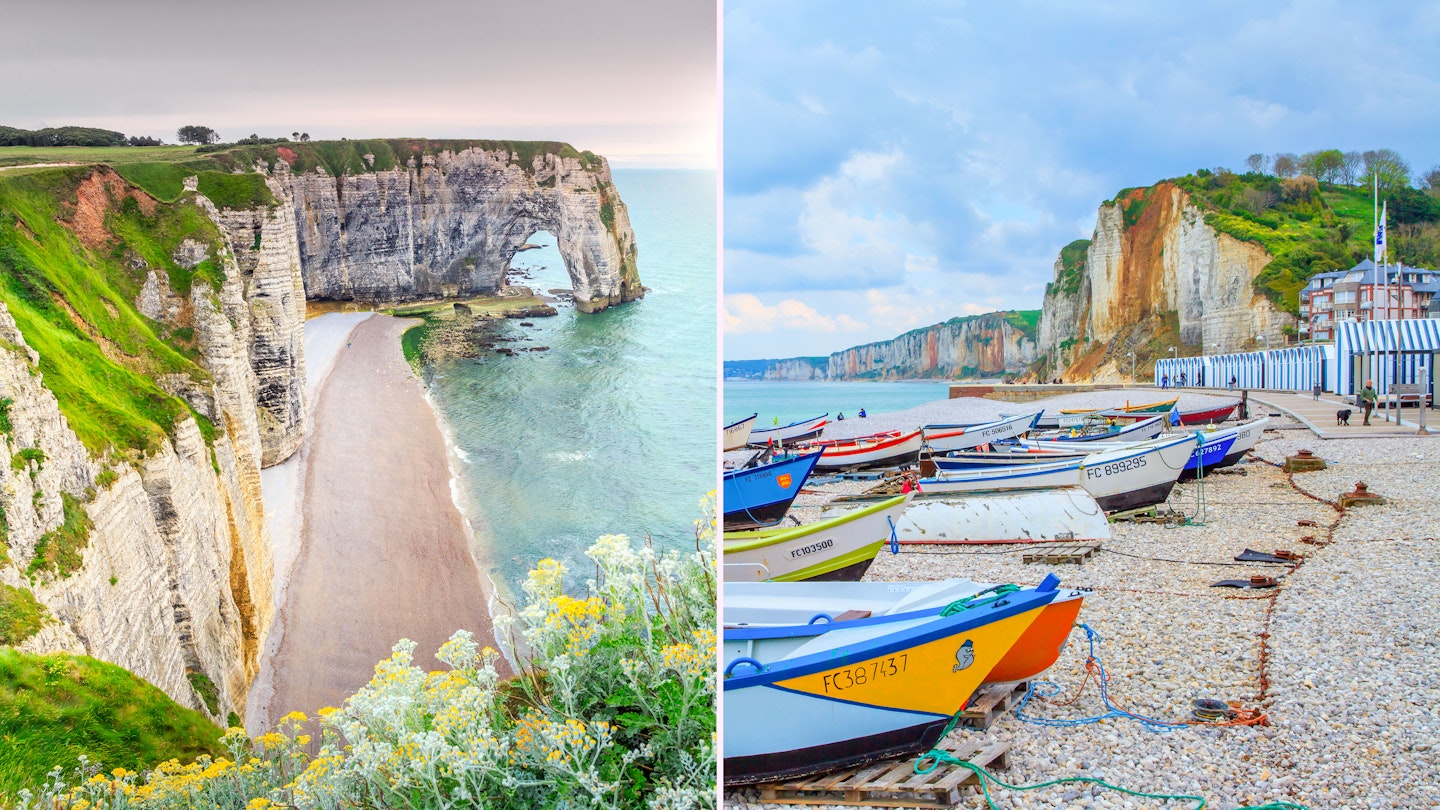 1051847222
Right: cliffs of Étretat Left: Yport harbor © iStock; andre quinou/Shutterstock