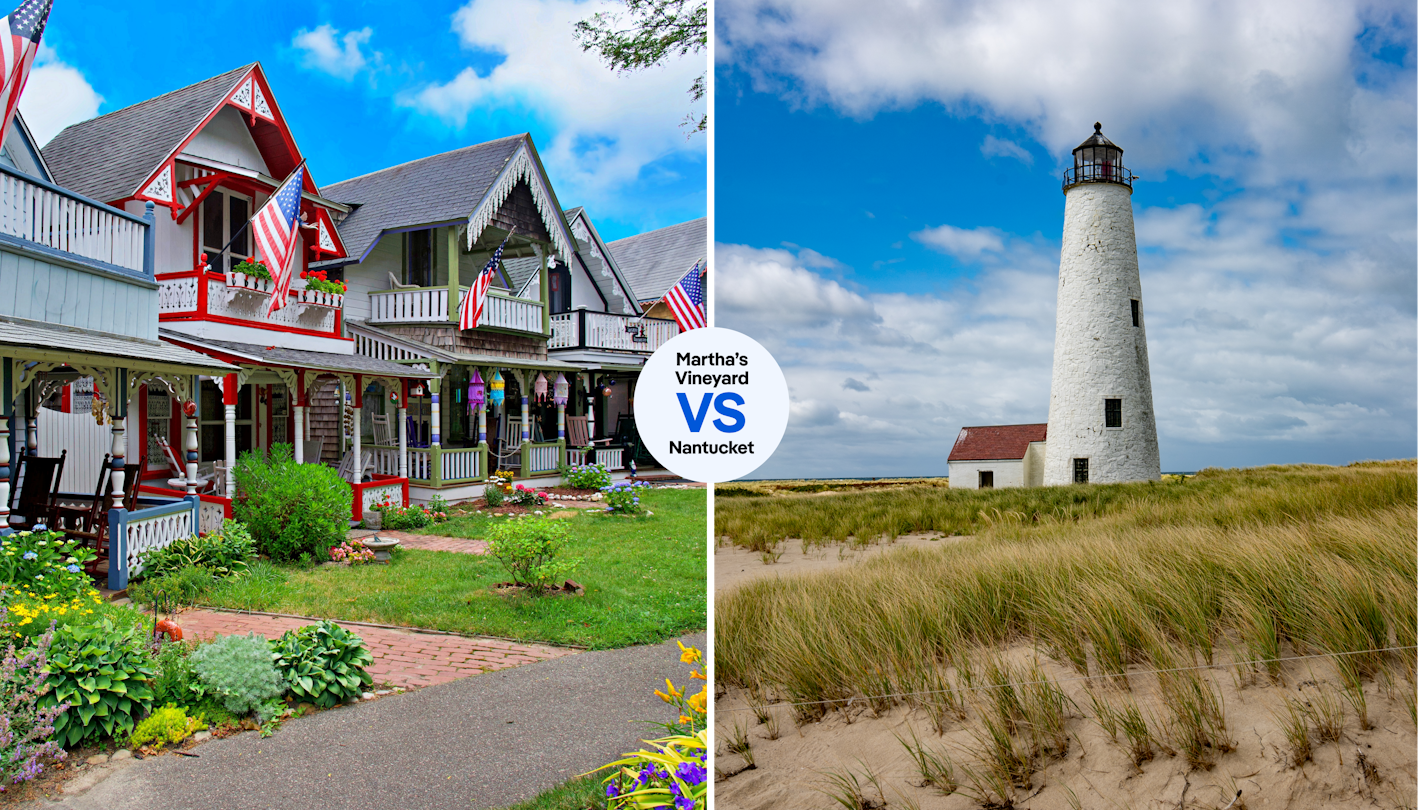 Gingerbread houses on Martha's Vineyard or Nantucket's Great point lighthouse