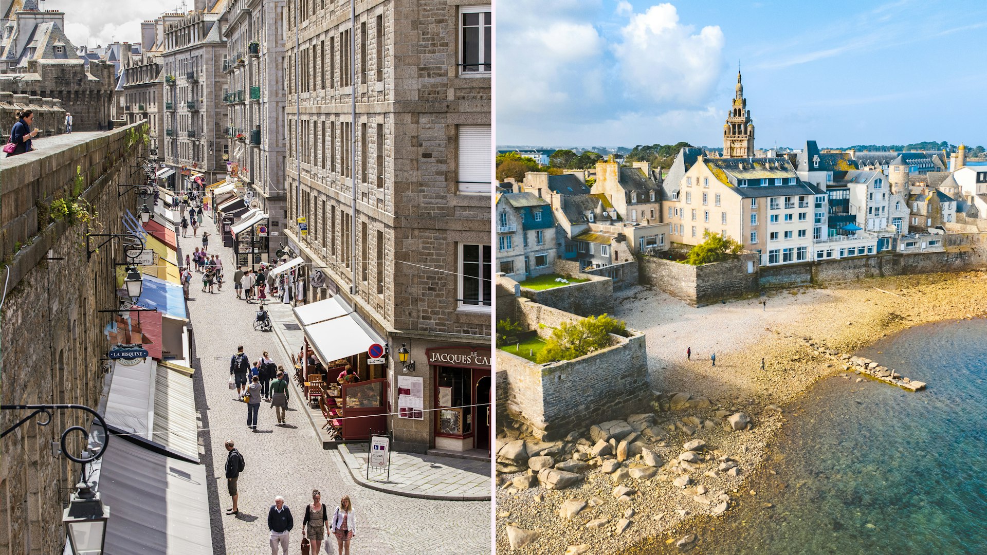 Left: a main walkway alongside a high city wall; Right: a pebbly beach at the edge of a small town