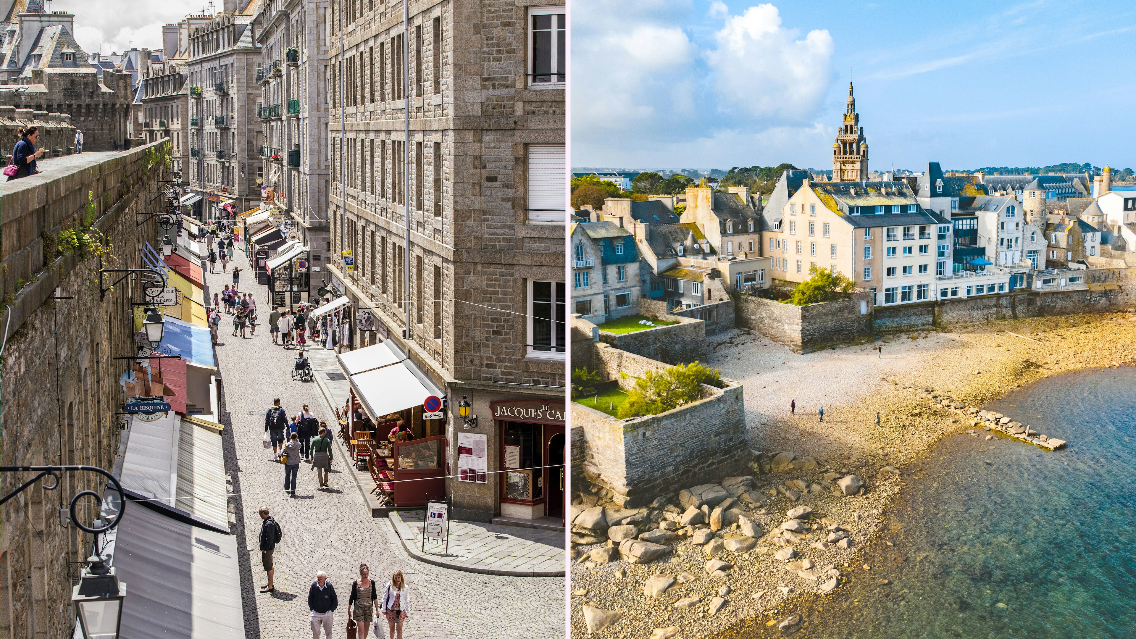 Left: a main walkway alongside a high city wall; Right: a pebbly beach at the edge of a small town