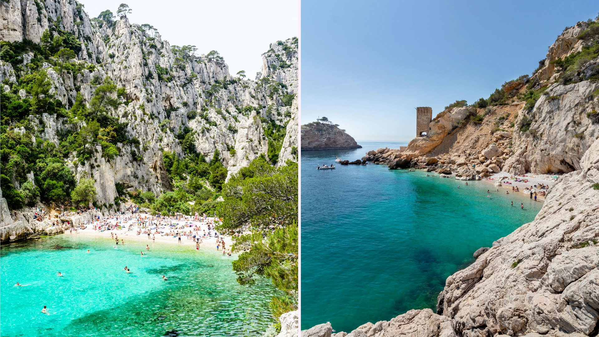 Left: a cove busy with people; Right: a similar cove, but with fewer people