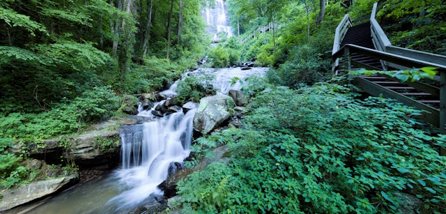 A creek cuts down a hillside along a wooden staircase in Amicalola Falls State Park
