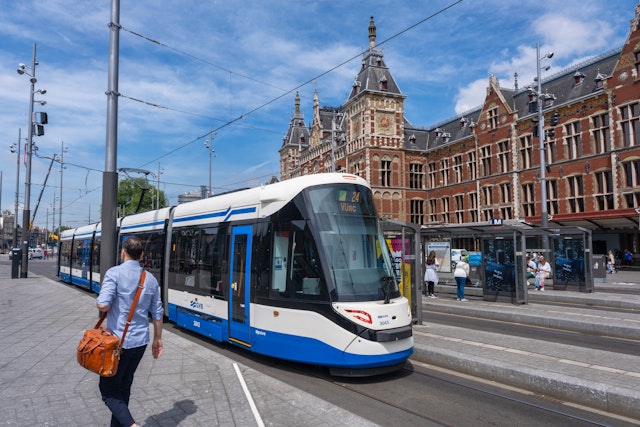A GVB Tram at Centraal Station square, Amsterdam, the Netherlands