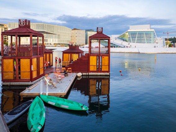 Oslo, Norway - Sep, 2022: The floating Oslo fjord sauna on the fjord, between the Opera house and Sorenga wharf. Urban sauna boat on water in Oslo downtown.
2231114487