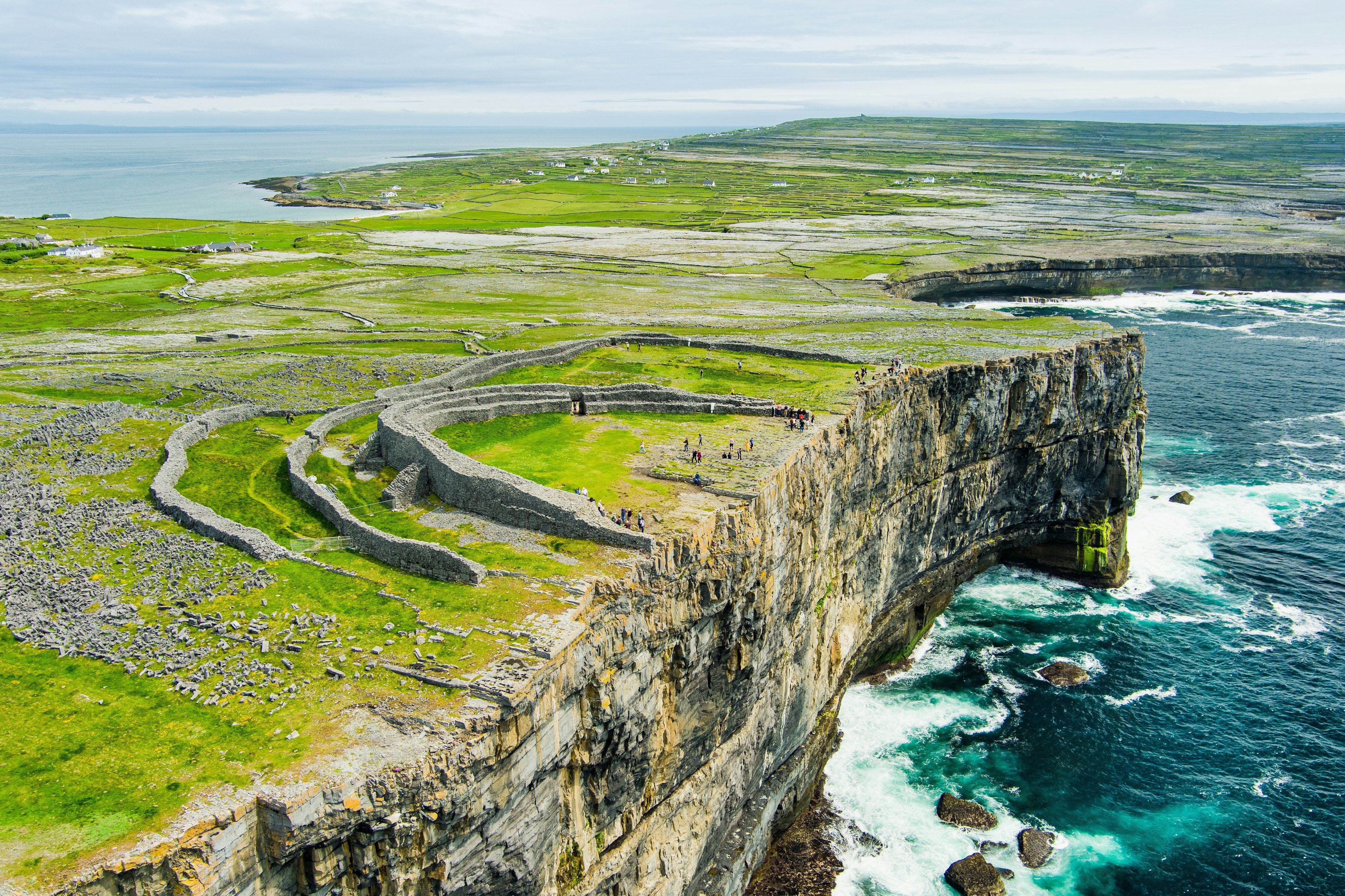 Aerial view of Dun Aonghasa or Dun Aengus , the largest prehistoric stone fort of the Aran Islands.