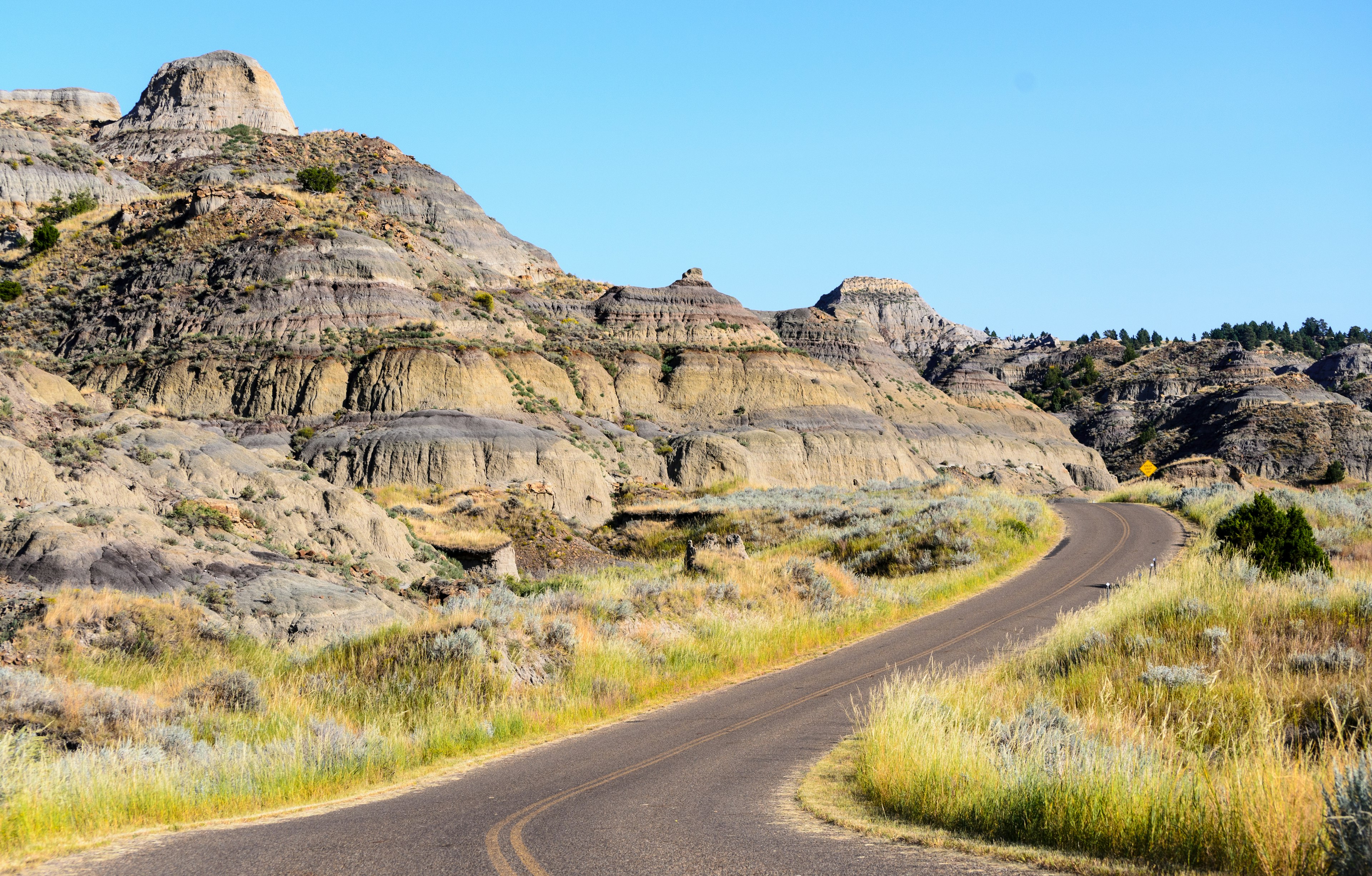 A road winds through multicolored sedimentary rocks in Montana.