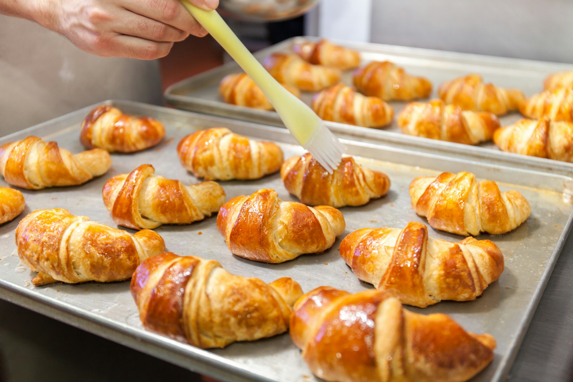 A pastry chef is brushing golden croissants laid out on trays in a professional bakery.