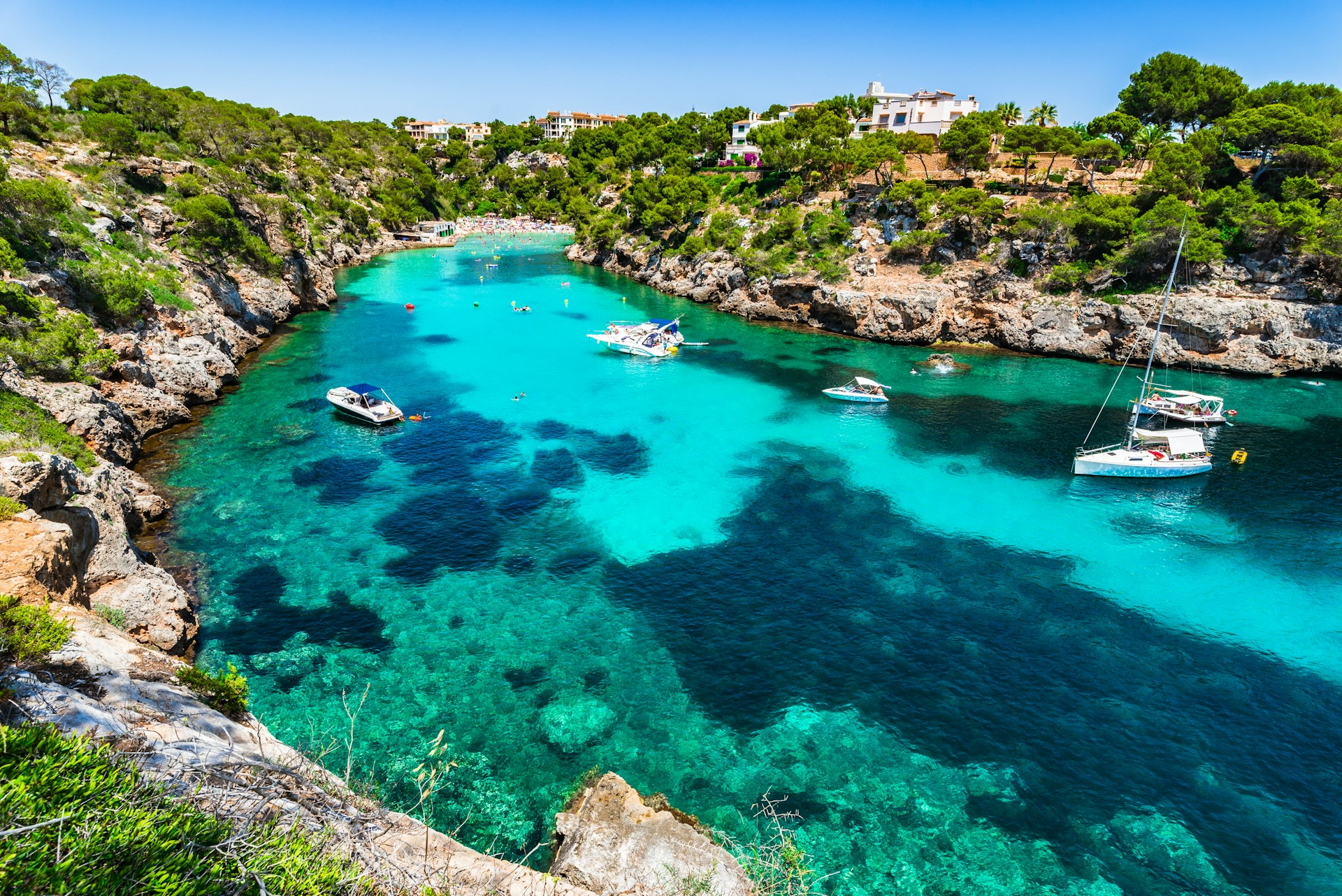 Beautiful view of the cove Cala Pi, idyllic beach seaside Majorca island, Spain