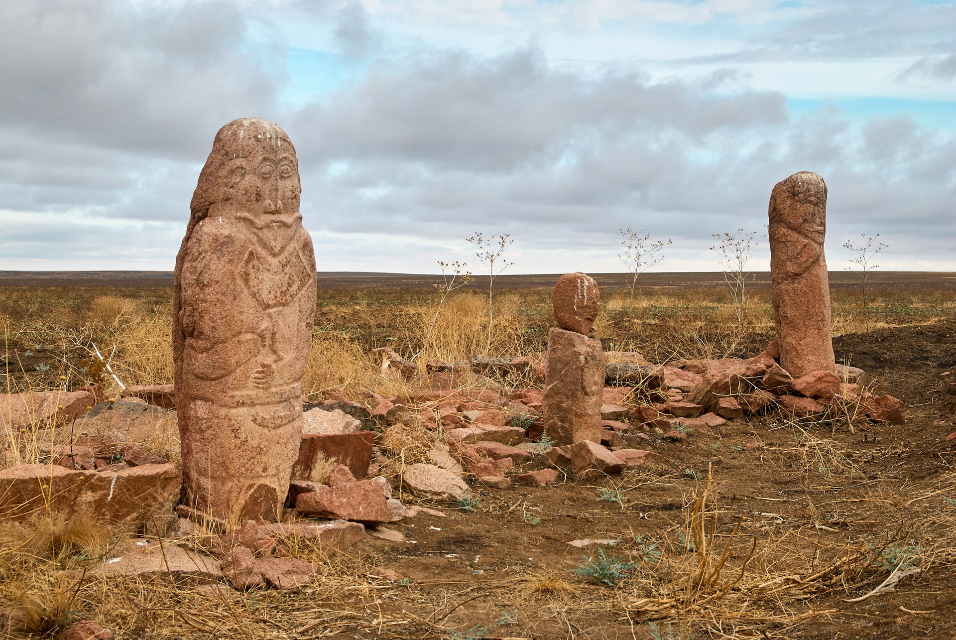 Balbal statues making burial mounts at Zhaisan, Kazakhstan