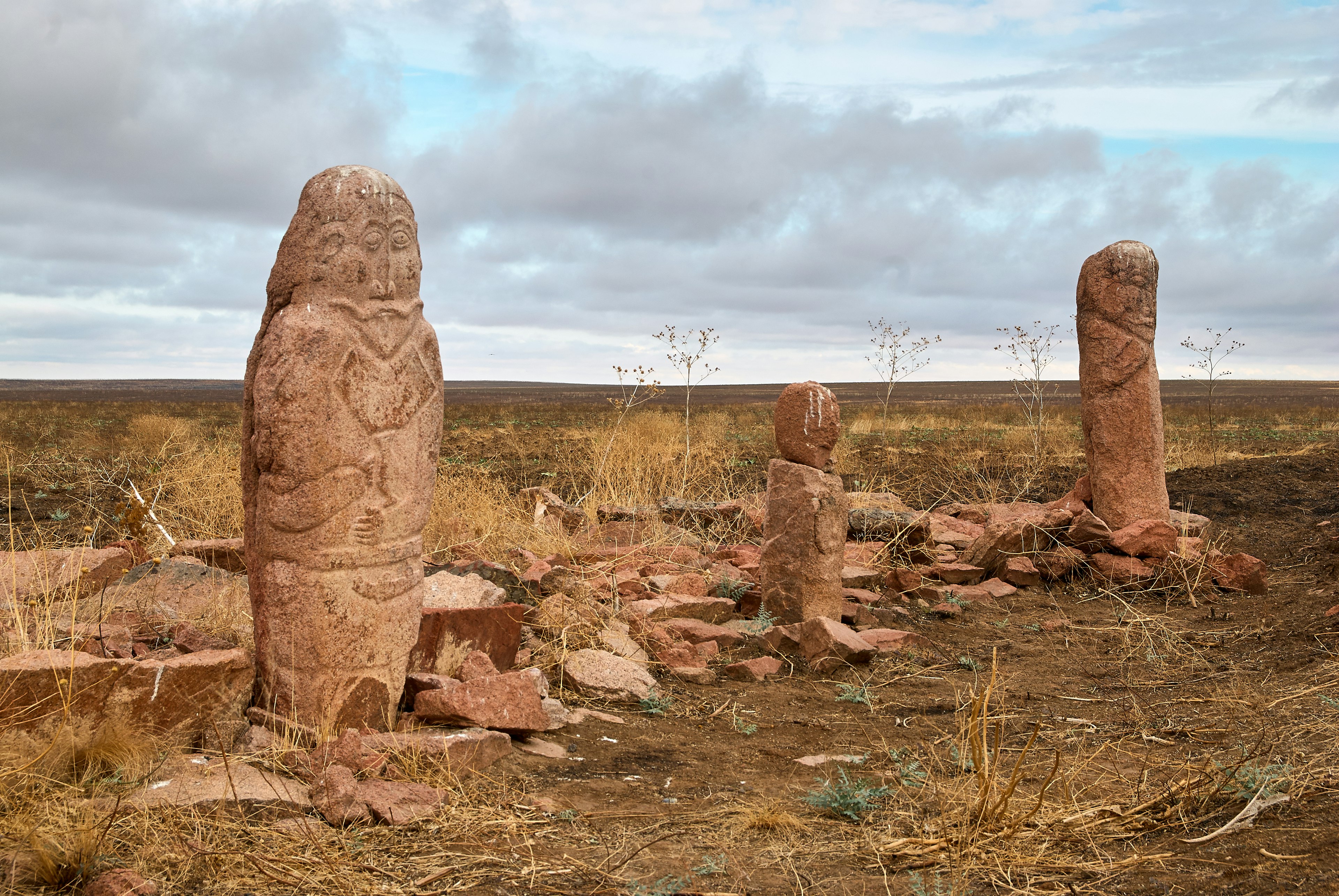 Balbal statues marking burial mounds at Zhaisan, Kazakhstan