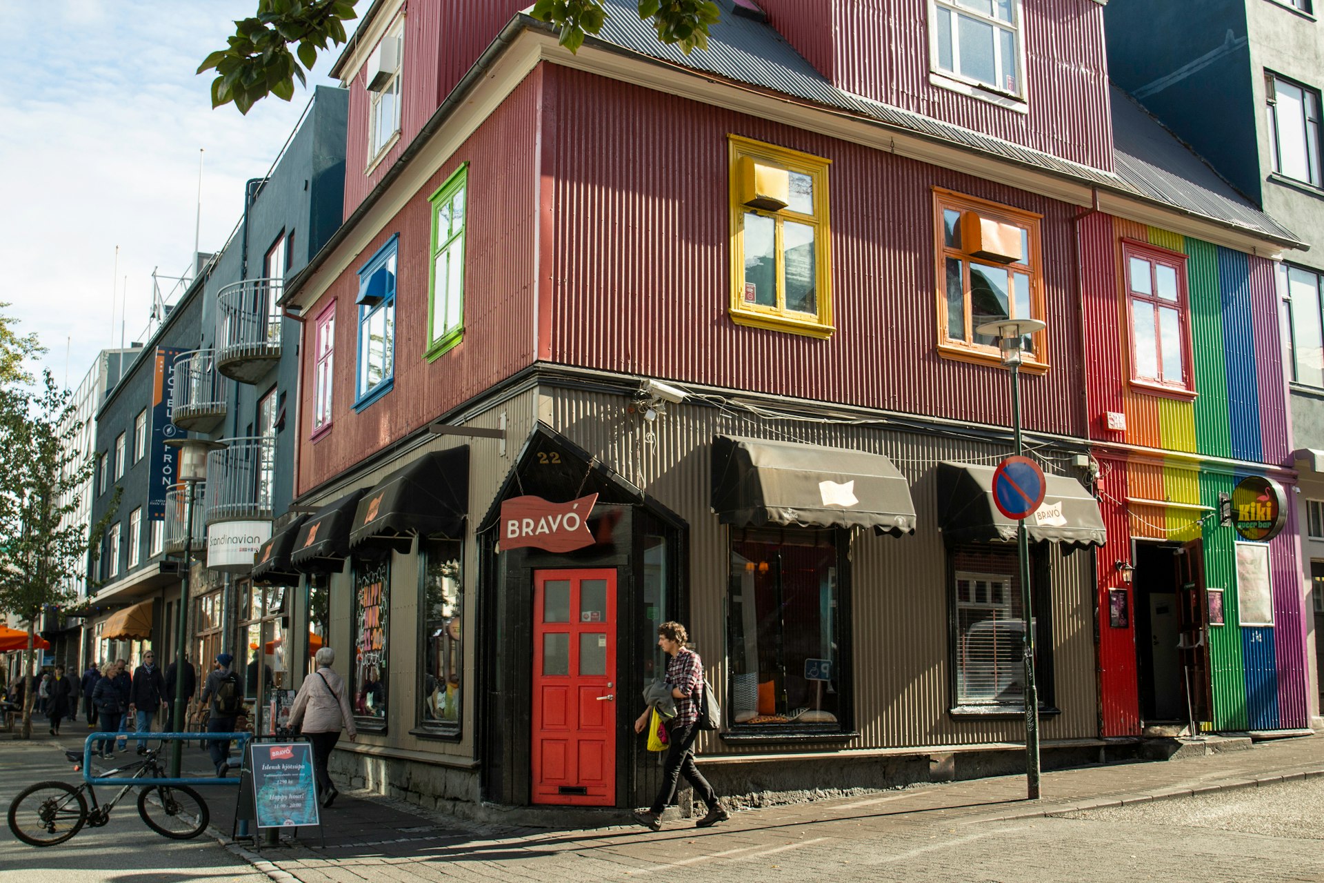 Colourful facades of the Bravó bar and Kíkí Queer Bar in Reykjavik.