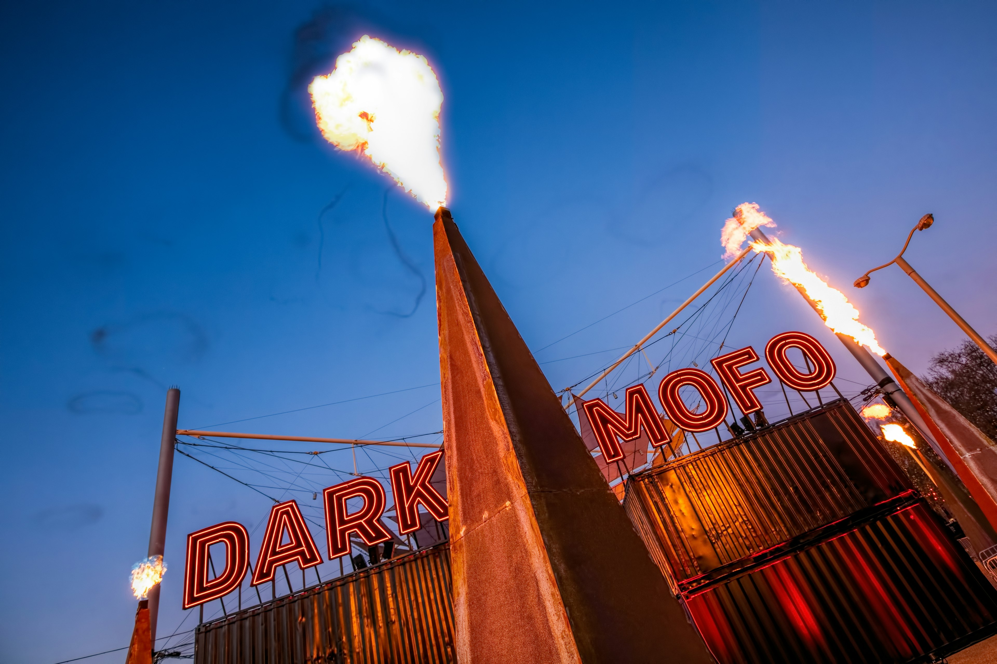 Jets of fire at the entrance to Dark Mofo winter festival in Hobart.